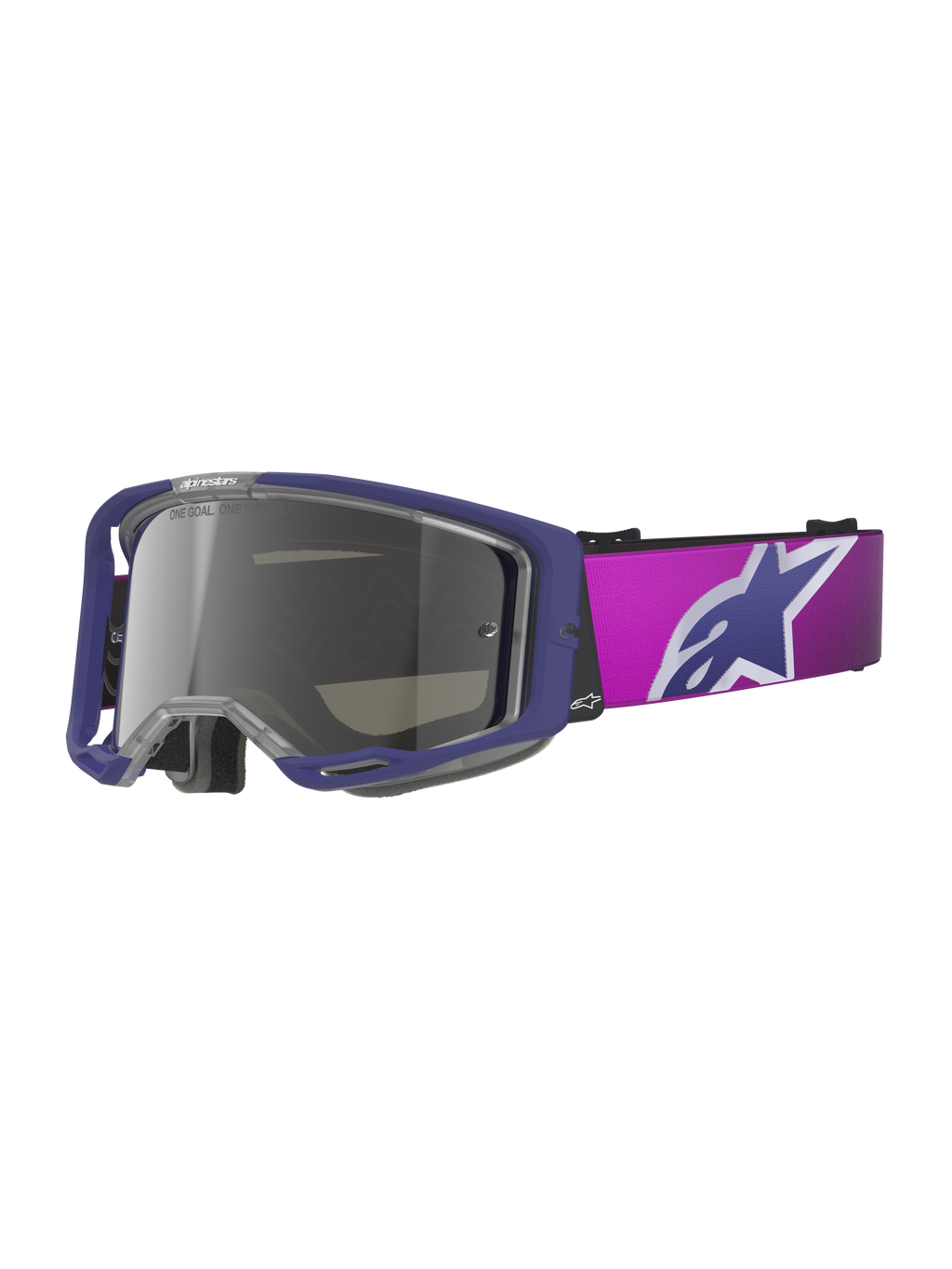 Alpinestars Vision 8 Corp Goggles, gogle motocrossowe, fioletowe i różowe z jasnoszarą lustrzaną srebrną szybką, duże logo gwiazdy Alpinestars na pasku, lekka konstrukcja ramy A-FLEX do wyścigów terenowych