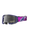 Alpinestars Vision 8 Corp Goggles, gogle motocrossowe, fioletowe i różowe z jasnoszarą lustrzaną srebrną szybką, duże logo gwiazdy Alpinestars na pasku, lekka konstrukcja ramy A-FLEX do wyścigów terenowych