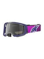 Alpinestars Vision 8 Corp Goggles, gogle motocrossowe, fioletowe i różowe z jasnoszarą lustrzaną srebrną szybką, duże logo gwiazdy Alpinestars na pasku, lekka konstrukcja ramy A-FLEX do wyścigów terenowych