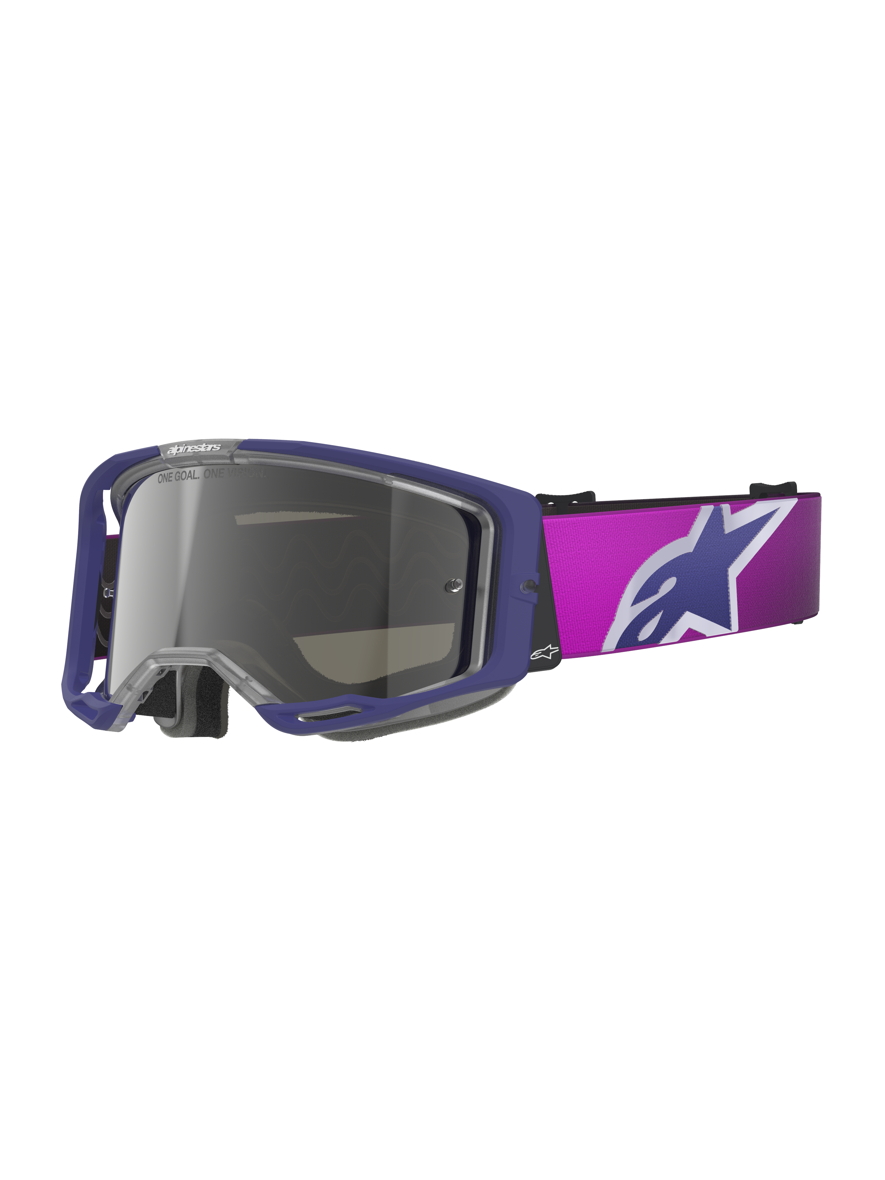 Alpinestars Vision 8 Corp Goggles, gogle motocrossowe, fioletowe i różowe z jasnoszarą lustrzaną srebrną szybką, duże logo gwiazdy Alpinestars na pasku, lekka konstrukcja ramy A-FLEX do wyścigów terenowych