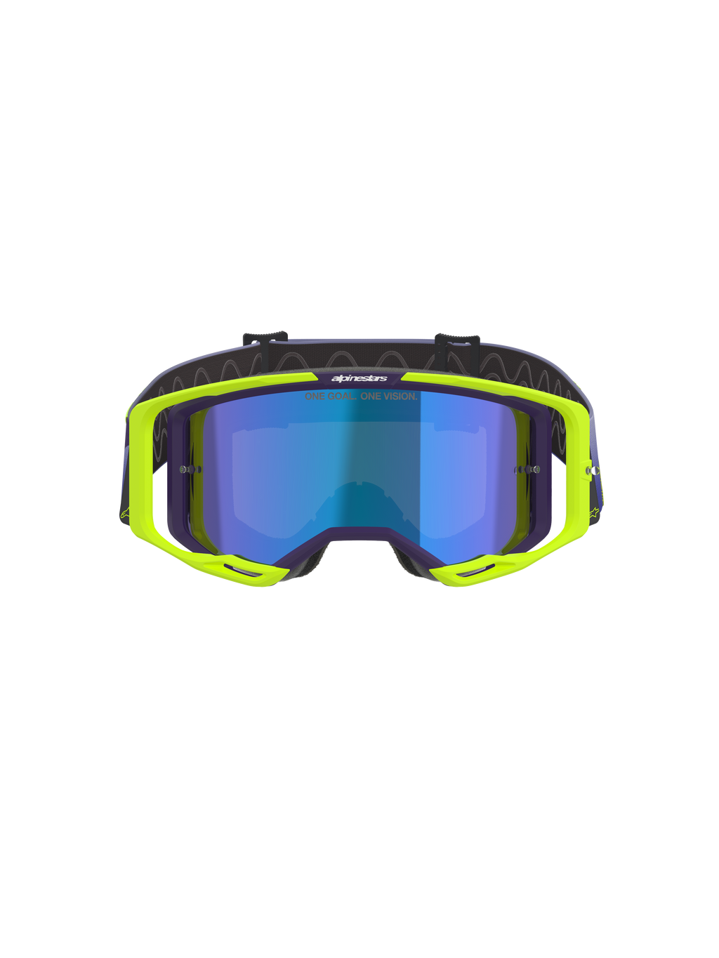 Gogle Alpinestars Vision 8 Corp, gogle motocrossowe, fioletowe i żółte neonowe, z niebieską lustrzaną soczewką, fluorescencyjna żółta oprawka A-FLEX z fioletowymi akcentami i regulowany fioletowy pasek, wysokowydajne gogle off-road