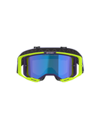 Gogle Alpinestars Vision 8 Corp, gogle motocrossowe, fioletowe i żółte neonowe, z niebieską lustrzaną soczewką, fluorescencyjna żółta oprawka A-FLEX z fioletowymi akcentami i regulowany fioletowy pasek, wysokowydajne gogle off-road