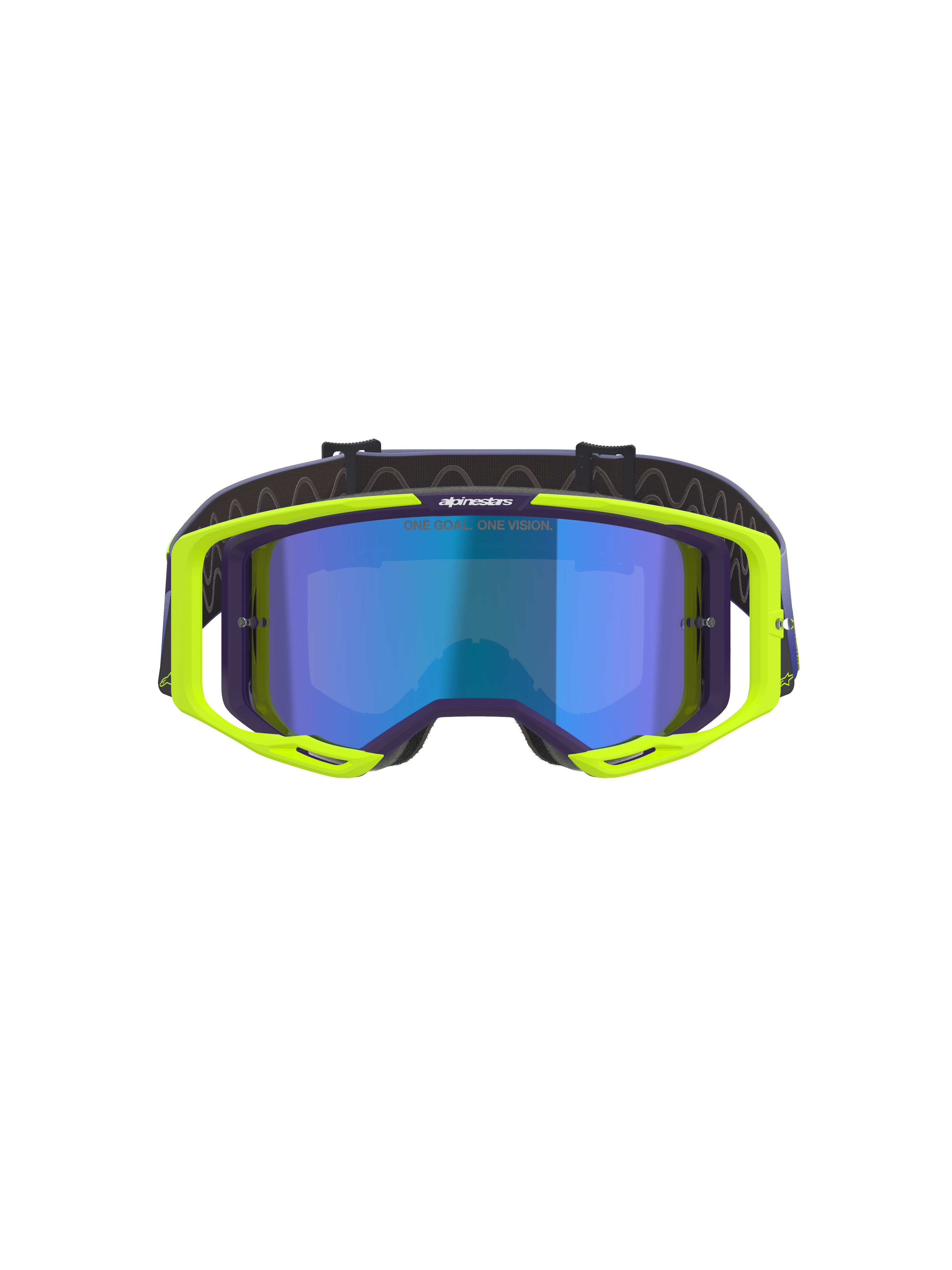 Gogle Alpinestars Vision 8 Corp, gogle motocrossowe, fioletowe i żółte neonowe, z niebieską lustrzaną soczewką, fluorescencyjna żółta oprawka A-FLEX z fioletowymi akcentami i regulowany fioletowy pasek, wysokowydajne gogle off-road
