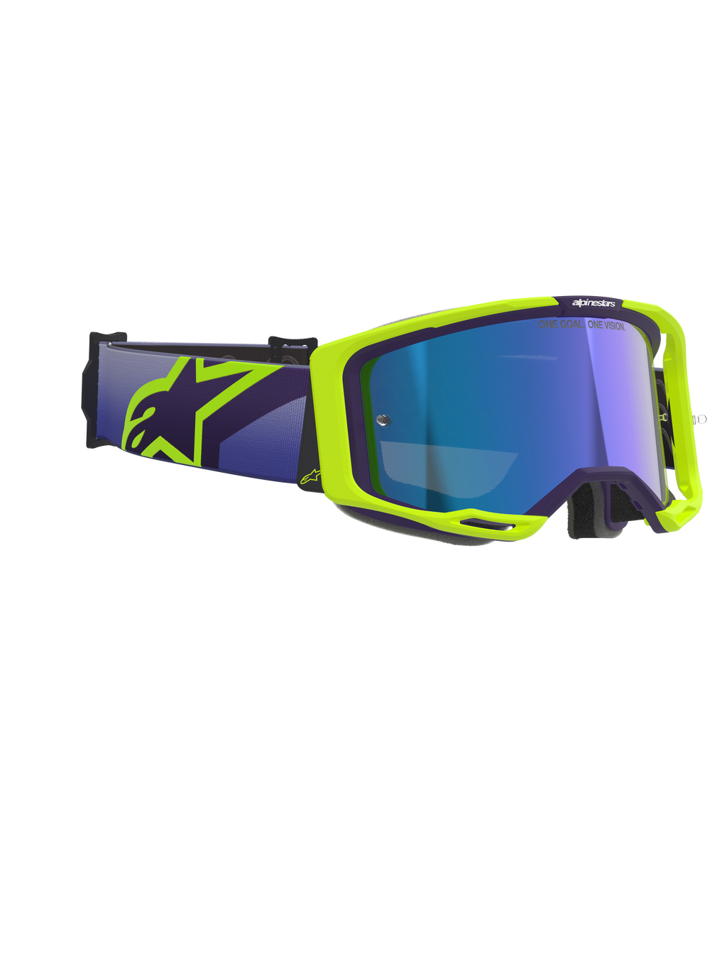 Alpinestars Vision 8 Corp Goggles, gogle motocrossowe, fioletowe i fluorescencyjne żółte, z niebieską lustrzaną szybką, szeroki fioletowy pasek z wyraźnym żółtym logo Alpinestars, elastyczna ramka z detalami wentylacyjnymi dla wydajności w terenie
