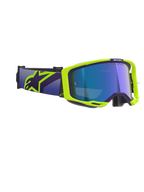 Alpinestars Vision 8 Corp Goggles, gogle motocrossowe, fioletowe i fluorescencyjne żółte, z niebieską lustrzaną szybką, szeroki fioletowy pasek z wyraźnym żółtym logo Alpinestars, elastyczna ramka z detalami wentylacyjnymi dla wydajności w terenie