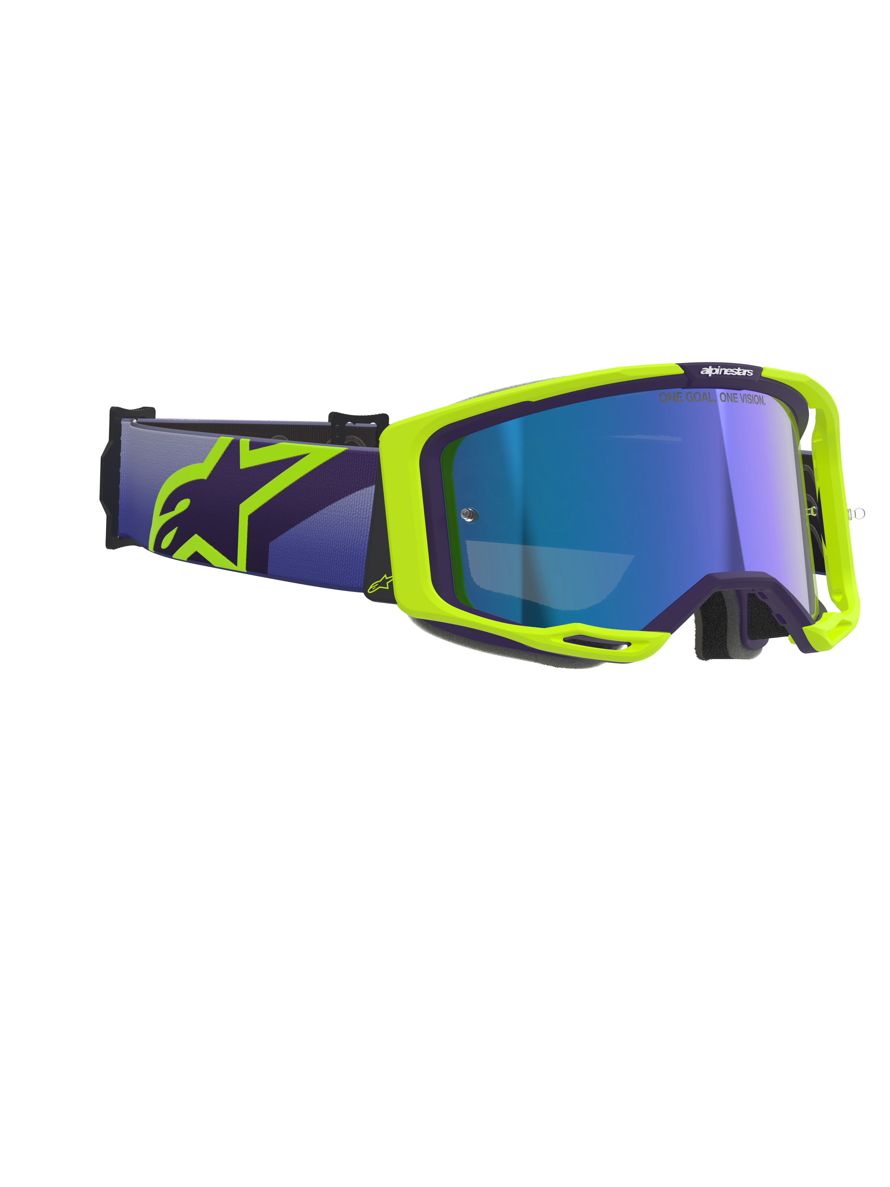Alpinestars Vision 8 Corp Goggles, gogle motocrossowe, fioletowe i fluorescencyjne żółte, z niebieską lustrzaną szybką, szeroki fioletowy pasek z wyraźnym żółtym logo Alpinestars, elastyczna ramka z detalami wentylacyjnymi dla wydajności w terenie