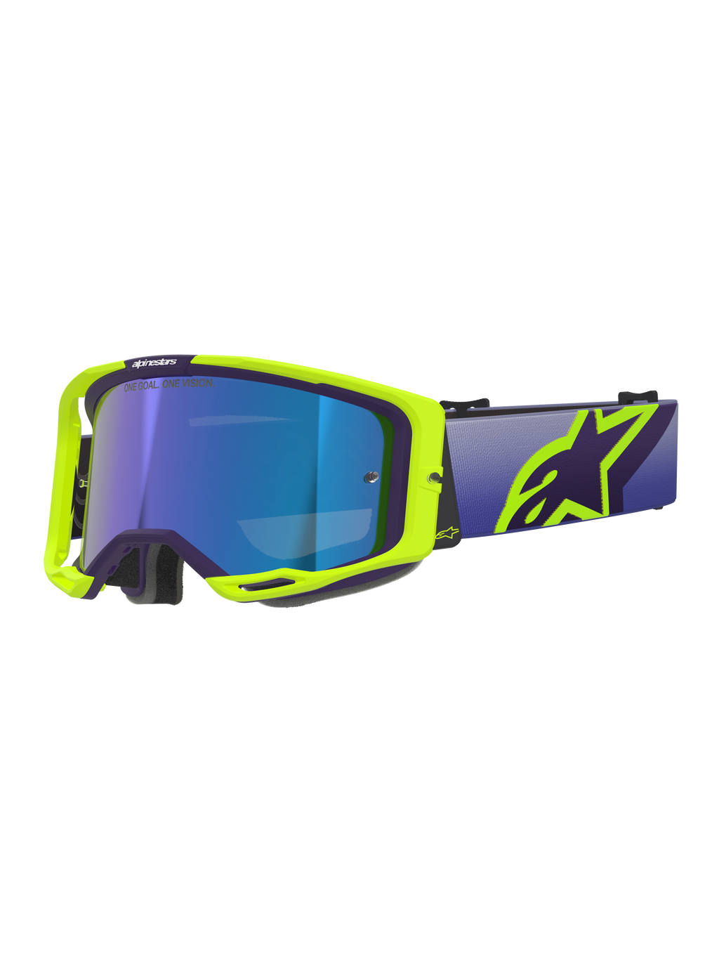 Gogle Alpinestars Vision 8 Corp, gogle motocrossowe, fioletowa i żółta neonowa oprawka z niebieską lustrzaną soczewką, szeroki fioletowy pasek i wyraziste żółte logo Alpinestars, wysokiej klasy gogle do wyścigów terenowych