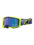 Gogle Alpinestars Vision 8 Corp, gogle motocrossowe, fioletowa i żółta neonowa oprawka z niebieską lustrzaną soczewką, szeroki fioletowy pasek i wyraziste żółte logo Alpinestars, wysokiej klasy gogle do wyścigów terenowych
