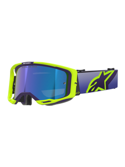 Alpinestars Vision 8 Corp Goggles, Motocross Goggles, Purple and Yellow Fluo frame with Mirror Blue tinted lens, featuring a wide purple strap and bold yellow Alpinestars logo, high-performance eyewear for off-road racing