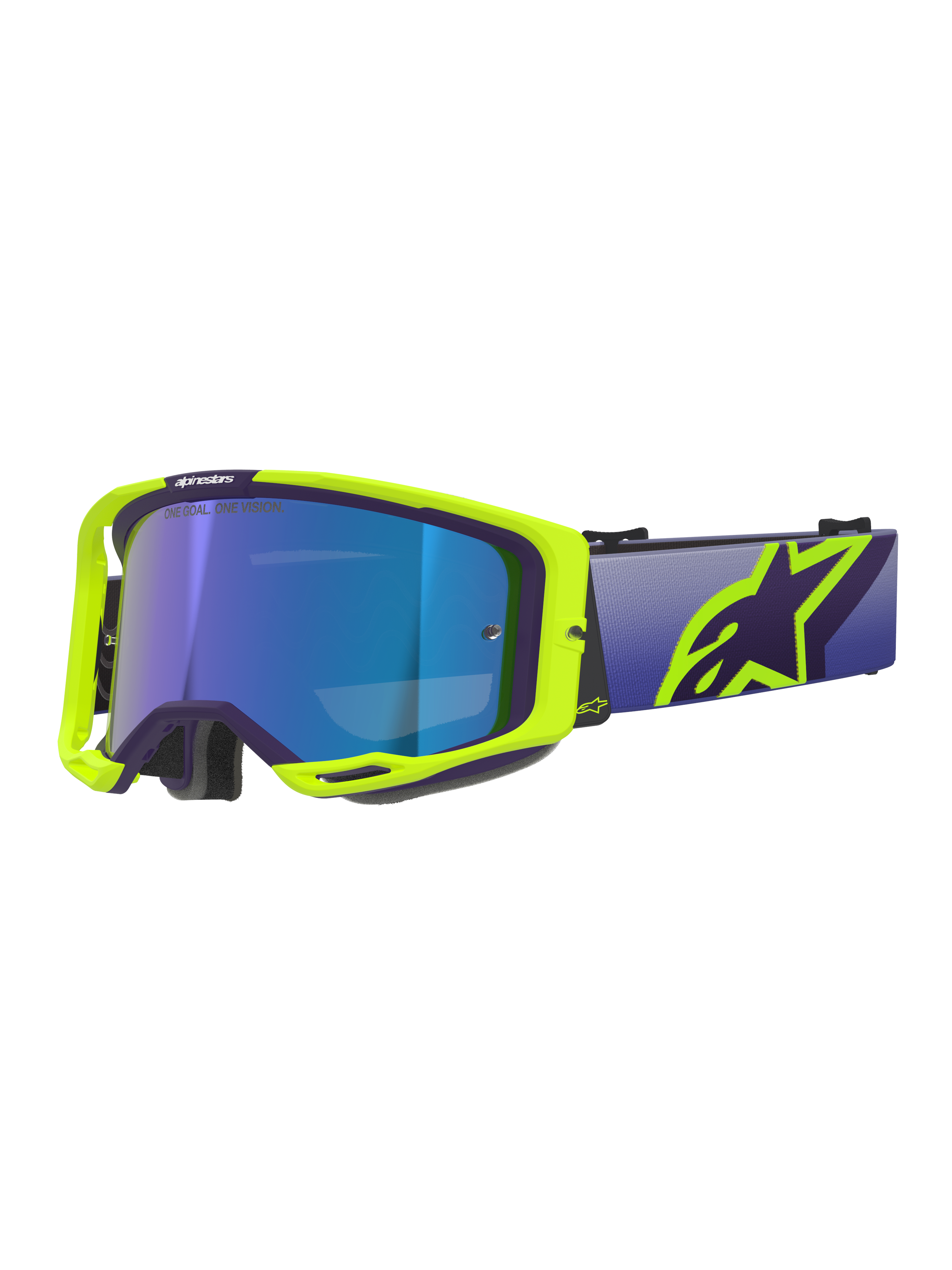 Alpinestars Vision 8 Corp Goggles, Motocross Goggles, Purple and Yellow Fluo frame with Mirror Blue tinted lens, featuring a wide purple strap and bold yellow Alpinestars logo, high-performance eyewear for off-road racing