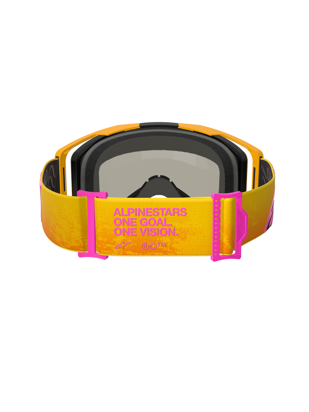 Alpinestars Vision 8 Corp Goggles, gogle motocrossowe, pomarańczowo-żółte z różowymi akcentami, widok z tyłu pokazujący pasek z napisem „ALPINESTARS ONE GOAL. ONE VISION.”, różowe regulatory paska, pomarańczowa ramka z czarną piankową wyściółką