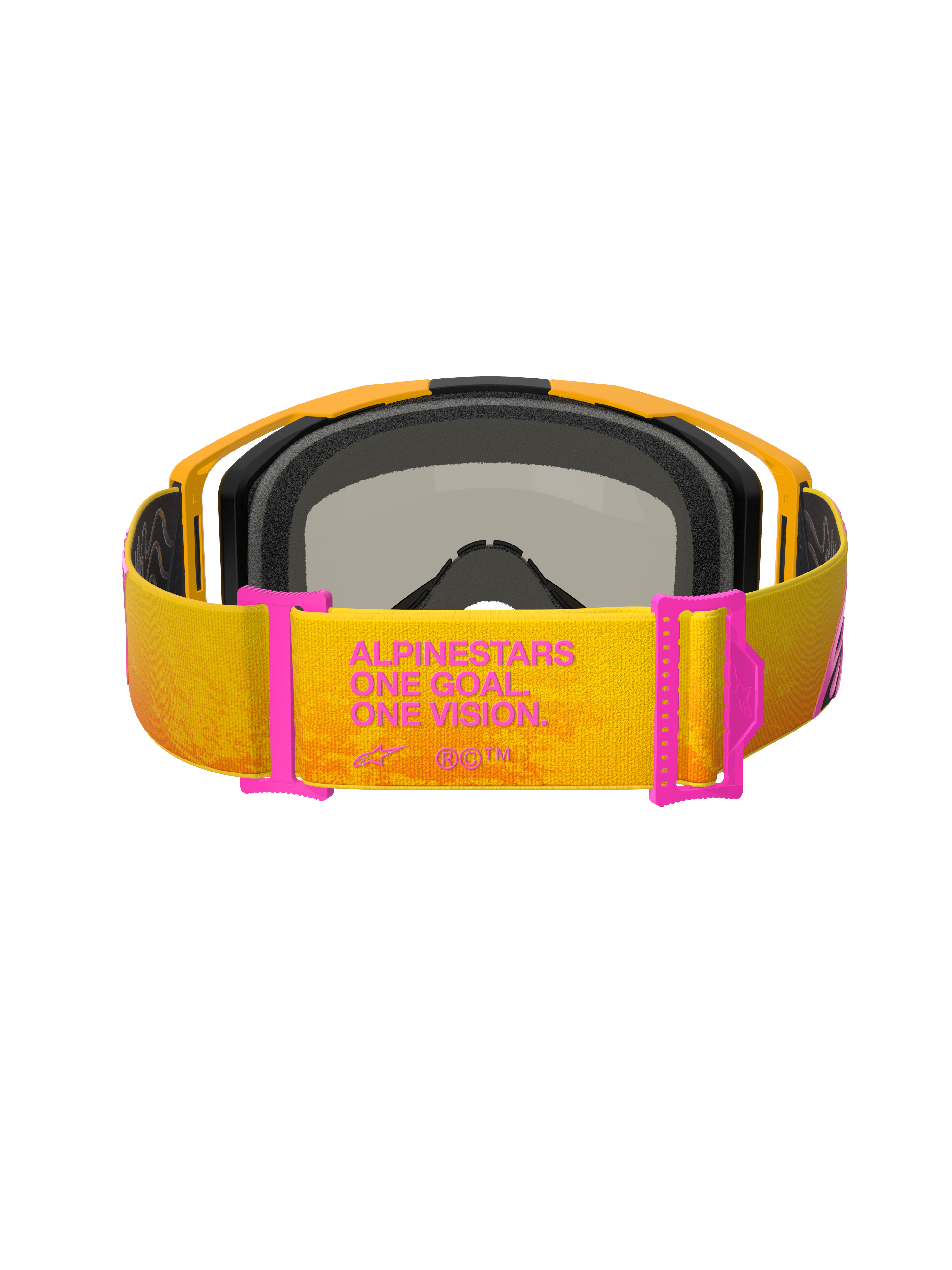 Alpinestars Vision 8 Corp Goggles, gogle motocrossowe, pomarańczowo-żółte z różowymi akcentami, widok z tyłu pokazujący pasek z napisem „ALPINESTARS ONE GOAL. ONE VISION.”, różowe regulatory paska, pomarańczowa ramka z czarną piankową wyściółką