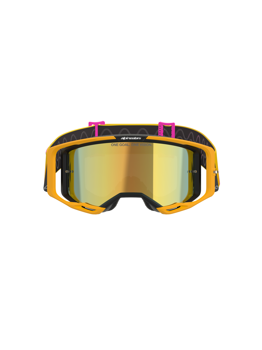 Gogle Alpinestars Vision 8 Corp, gogle motocrossowe, Orange Yellow Pink Mirror Gold, widok z przodu prezentujący złotą lustrzaną soczewkę z napisem „ONE GOAL. ONE VISION.”, jaskrawopomarańczowa ramka oraz czarny pasek z różowymi zaczepami i wzorem falistych linii.
