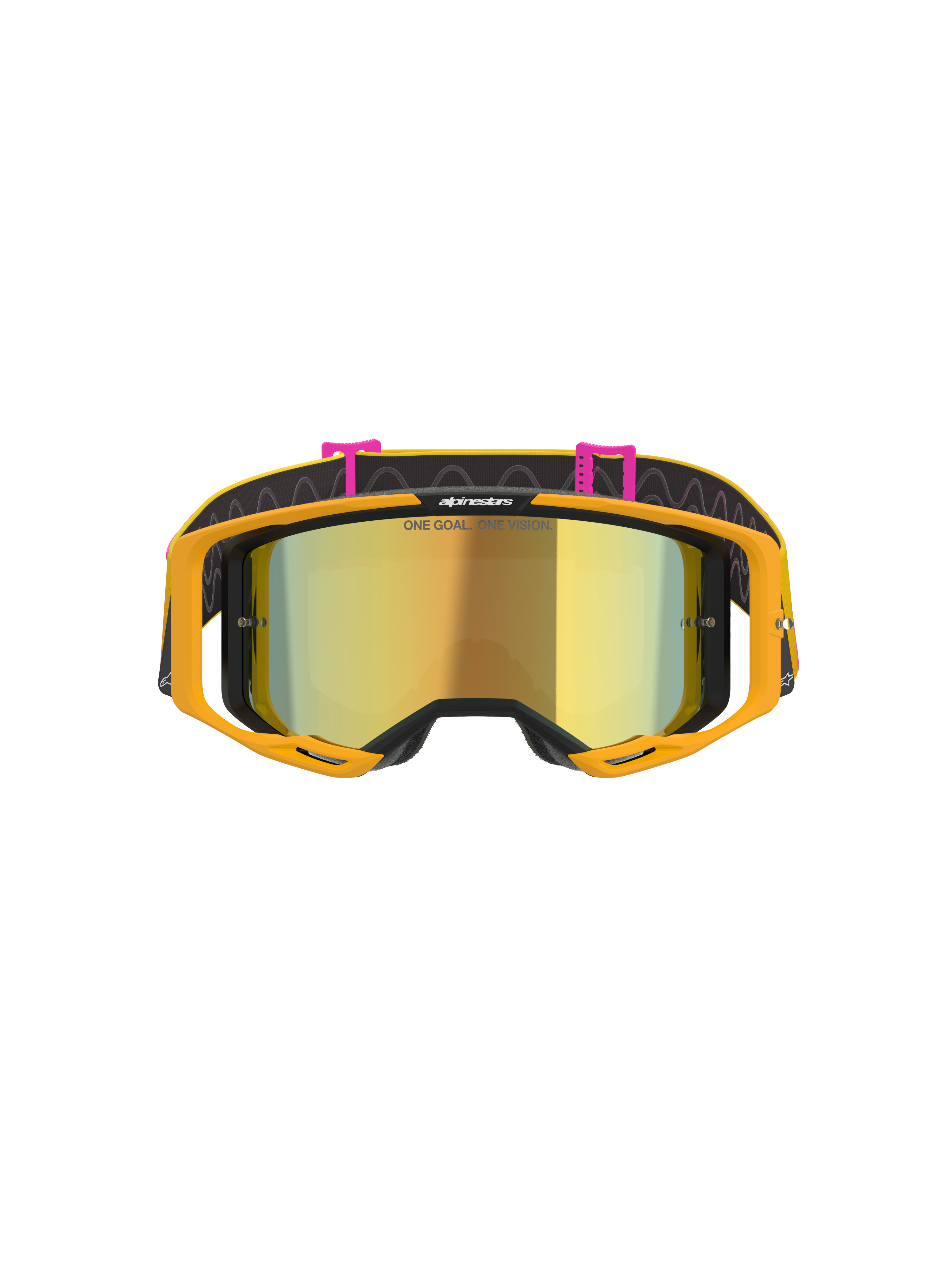 Gogle Alpinestars Vision 8 Corp, gogle motocrossowe, Orange Yellow Pink Mirror Gold, widok z przodu prezentujący złotą lustrzaną soczewkę z napisem „ONE GOAL. ONE VISION.”, jaskrawopomarańczowa ramka oraz czarny pasek z różowymi zaczepami i wzorem falistych linii.