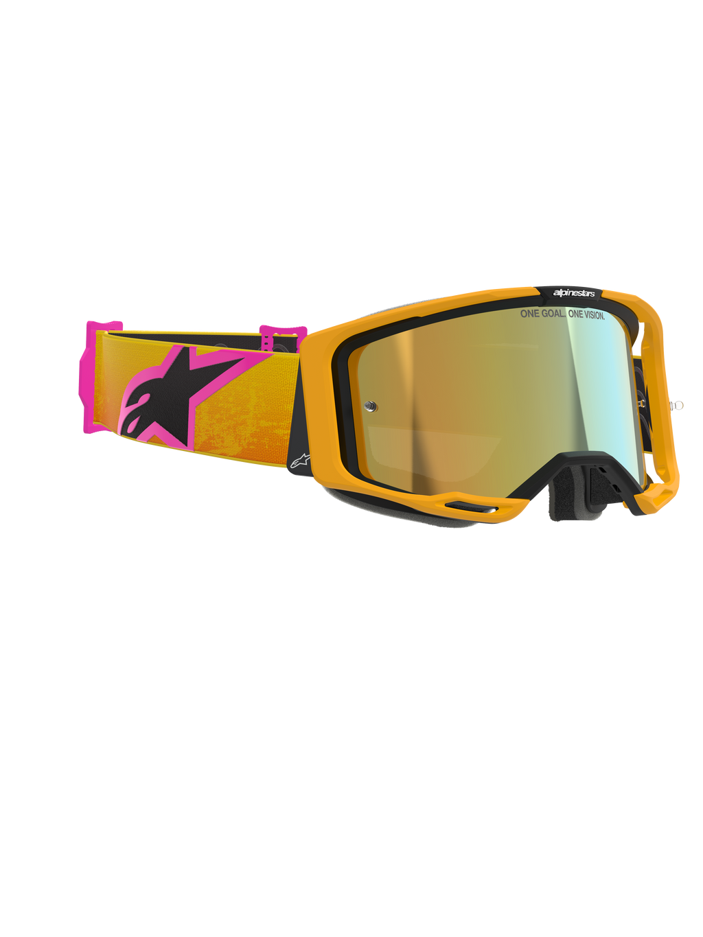 Gogle Alpinestars Vision 8 Corp, gogle motocrossowe, pomarańczowa oprawka ze złotą lustrzaną soczewką, pomarańczowo-różowy pasek z czarnym logo Alpinestars, wysokowydajna konstrukcja do wyścigów off-road