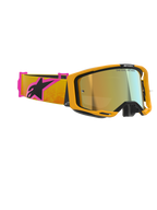 Gogle Alpinestars Vision 8 Corp, gogle motocrossowe, pomarańczowa oprawka ze złotą lustrzaną soczewką, pomarańczowo-różowy pasek z czarnym logo Alpinestars, wysokowydajna konstrukcja do wyścigów off-road
