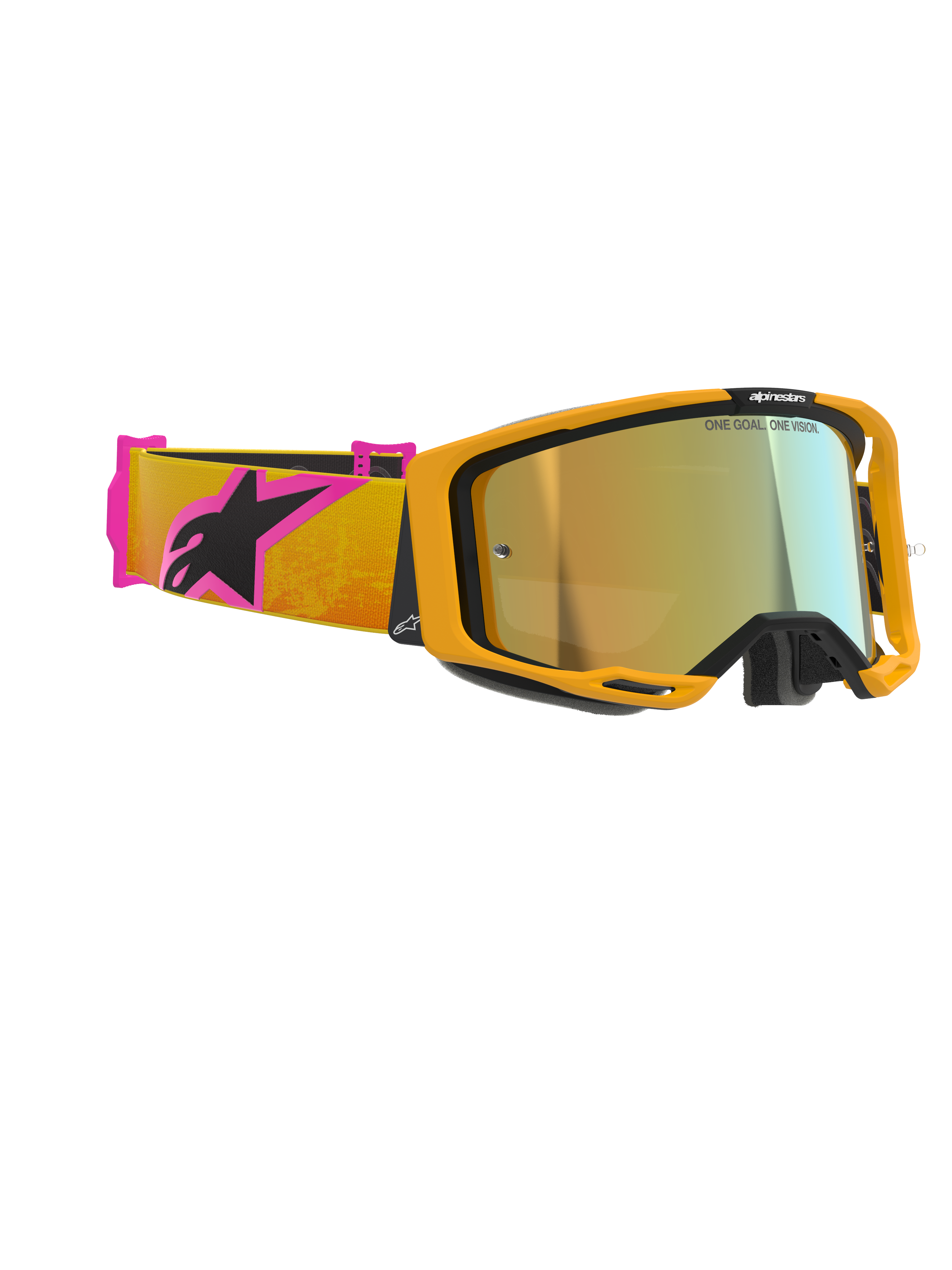 Gogle Alpinestars Vision 8 Corp, gogle motocrossowe, pomarańczowa oprawka ze złotą lustrzaną soczewką, pomarańczowo-różowy pasek z czarnym logo Alpinestars, wysokowydajna konstrukcja do wyścigów off-road