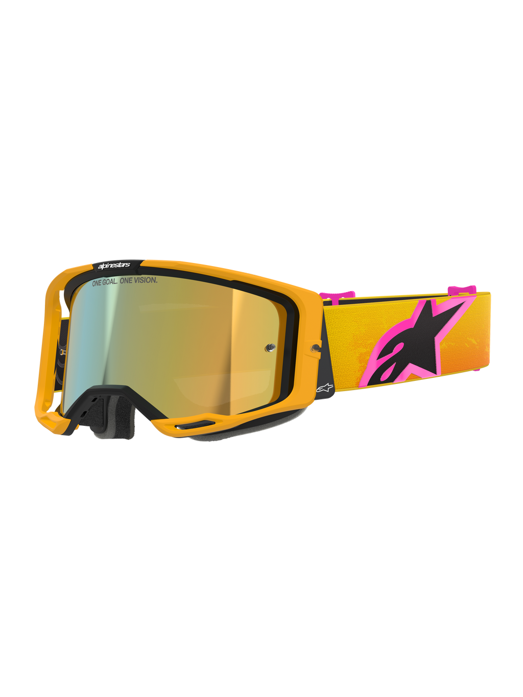 Alpinestars Vision 8 Corp Goggles, gogle motocrossowe, pomarańczowa oprawka ze złotą lustrzaną szybką, żółto-pomarańczowy pasek z gradientem i dużym różowo-czarnym logo Alpinestars, smukły wyczynowy design do jazdy off-road