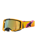 Alpinestars Vision 8 Corp Goggles, gogle motocrossowe, pomarańczowa oprawka ze złotą lustrzaną szybką, żółto-pomarańczowy pasek z gradientem i dużym różowo-czarnym logo Alpinestars, smukły wyczynowy design do jazdy off-road