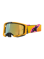 Alpinestars Vision 8 Corp Goggles, gogle motocrossowe, pomarańczowa oprawka ze złotą lustrzaną szybką, żółto-pomarańczowy pasek z gradientem i dużym różowo-czarnym logo Alpinestars, smukły wyczynowy design do jazdy off-road
