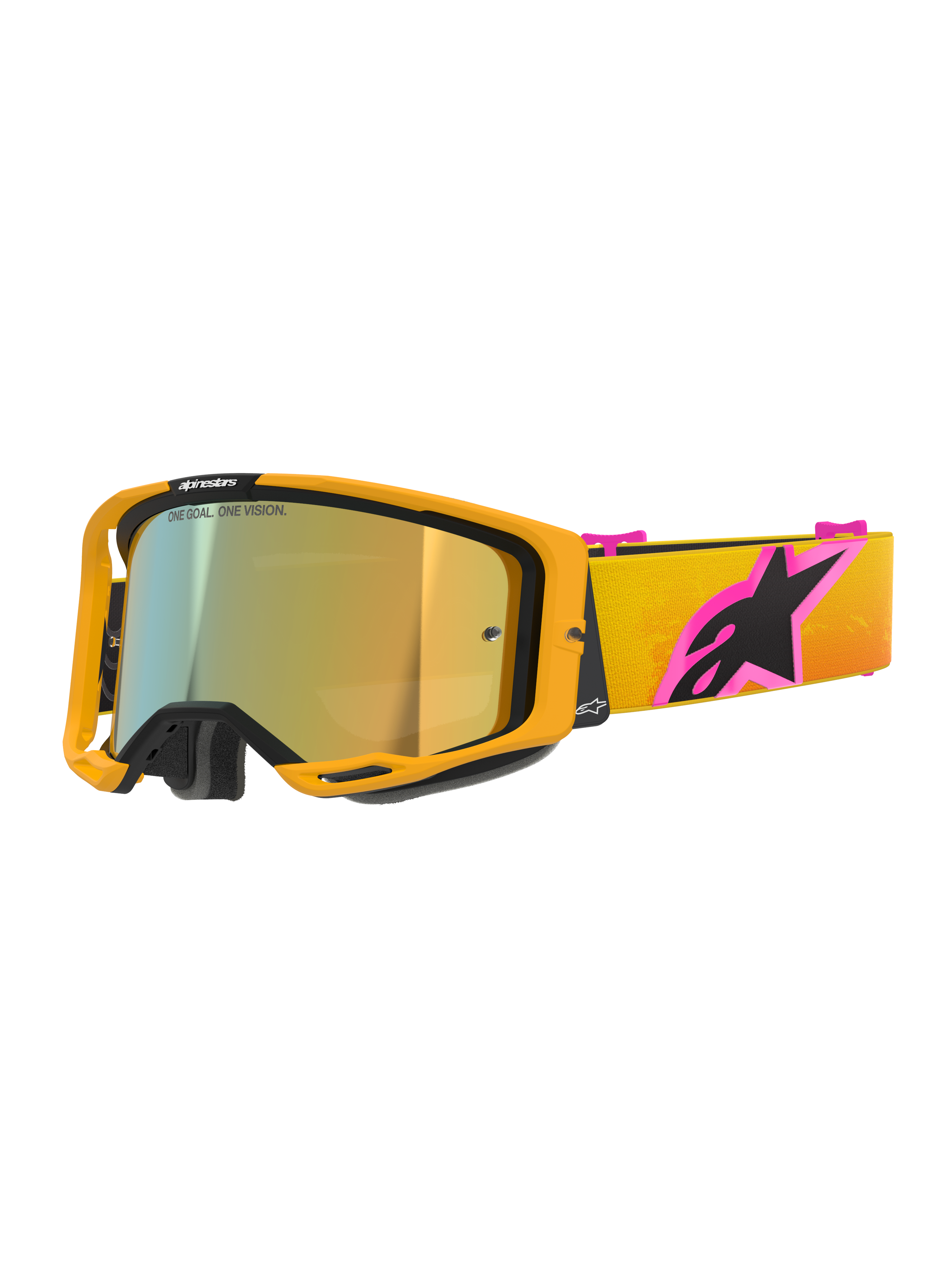 Alpinestars Vision 8 Corp Goggles, gogle motocrossowe, pomarańczowa oprawka ze złotą lustrzaną szybką, żółto-pomarańczowy pasek z gradientem i dużym różowo-czarnym logo Alpinestars, smukły wyczynowy design do jazdy off-road