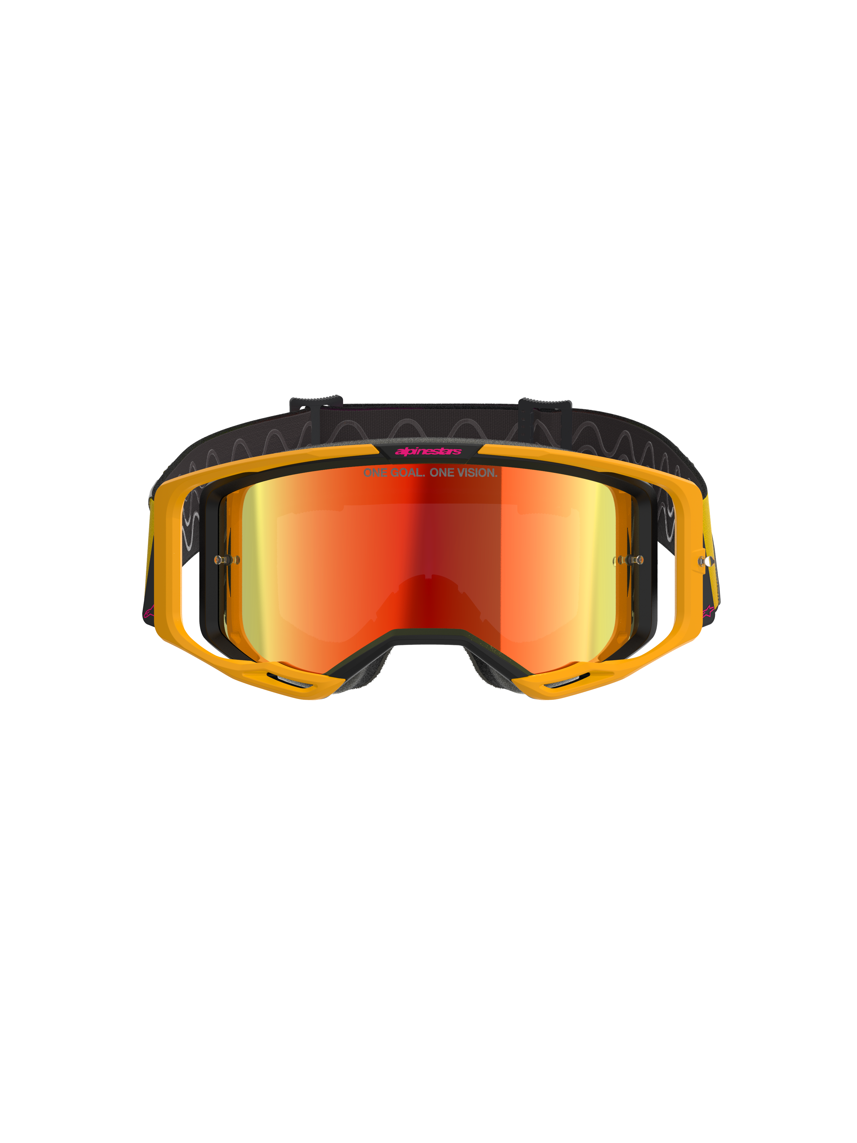 Alpinestars Vision 8 Corp Goggles, Motocross Goggles, Yellow and Pink with Mirror Red Lens, featuring a bright yellow A-FLEX frame, red reflective lens, and a black strap with pink Alpinestars branding and 'ONE GOAL. ONE VISION.' text, professional off-road racing eye protection