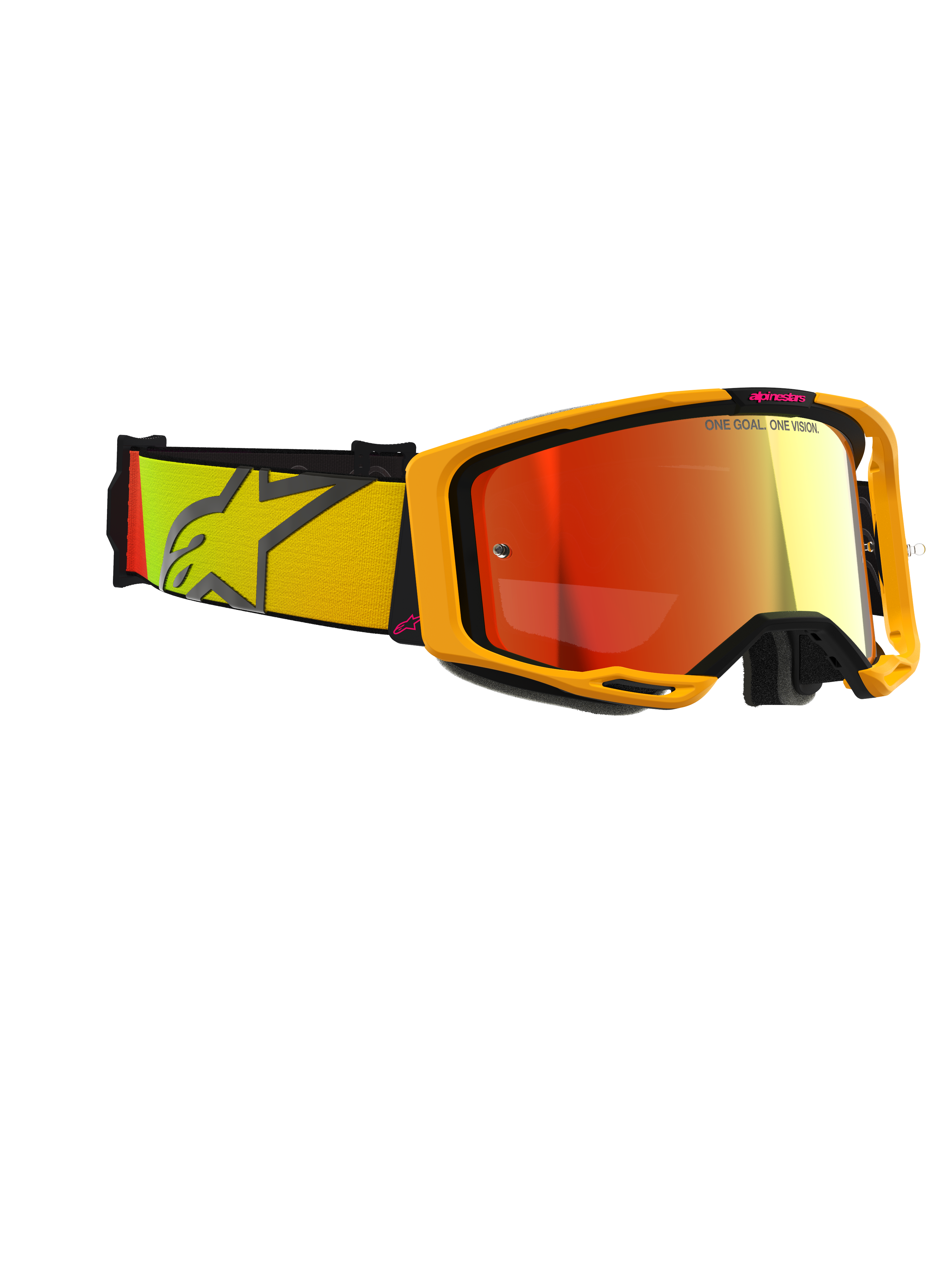 Alpinestars Vision 8 Corp Goggles, Motocross Goggles, Yellow and Pink with Mirror Red lens, wide woven strap featuring yellow and pink gradient with large star logo, lightweight A-FLEX frame with black outriggers, performance eyewear for off-road racing.