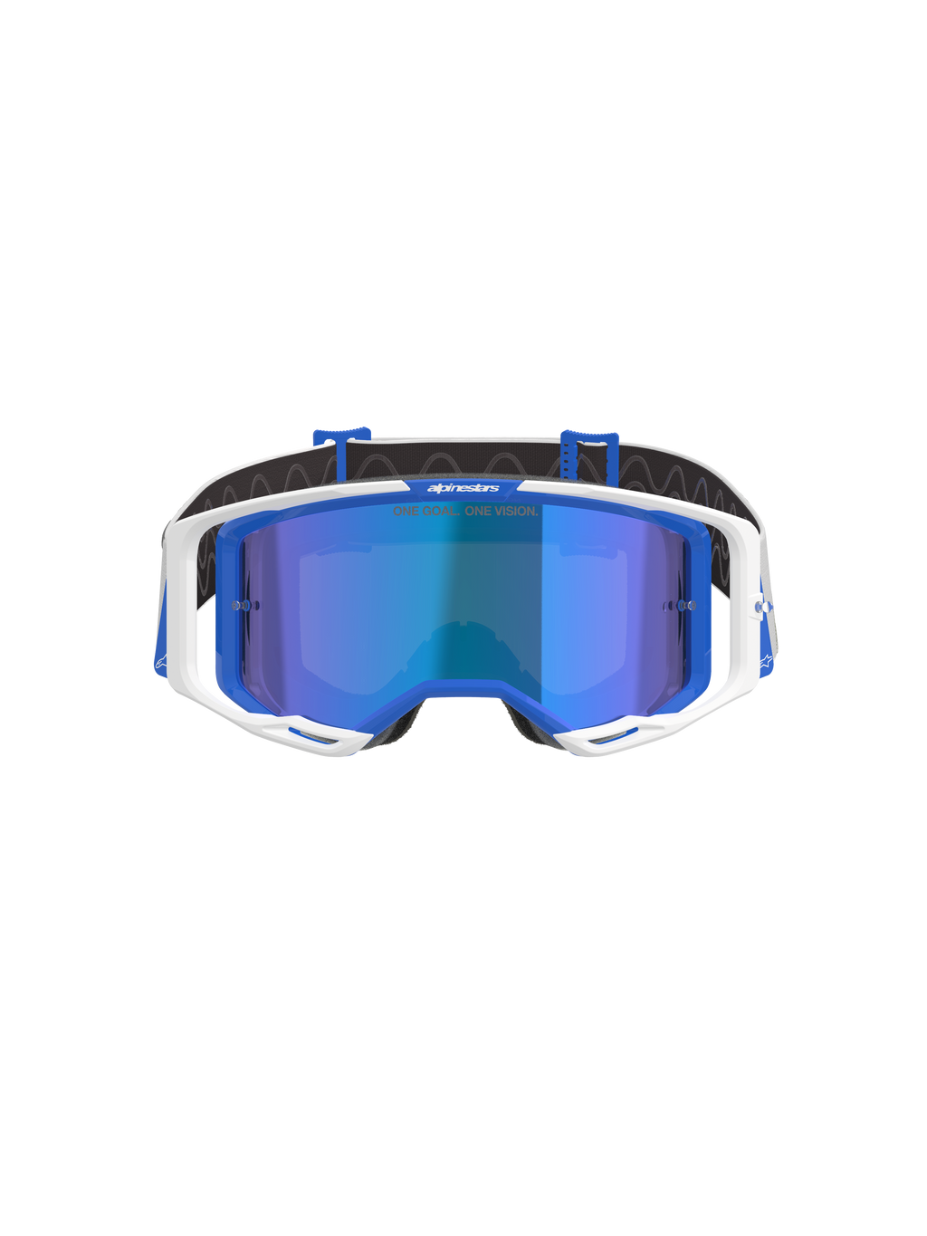 Alpinestars Vision 8 Corp Goggles, gogle motocrossowe, niebiesko-białe z niebieską lustrzaną soczewką, biała oprawka zewnętrzna, niebieskie akcenty wewnątrz, branding „One Goal. One Vision.” na soczewce, zaprojektowane dla wysokiej wydajności w wyścigach terenowych