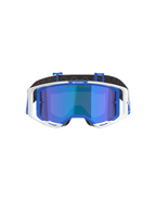 Alpinestars Vision 8 Corp Goggles, gogle motocrossowe, niebiesko-białe z niebieską lustrzaną soczewką, biała oprawka zewnętrzna, niebieskie akcenty wewnątrz, branding „One Goal. One Vision.” na soczewce, zaprojektowane dla wysokiej wydajności w wyścigach terenowych