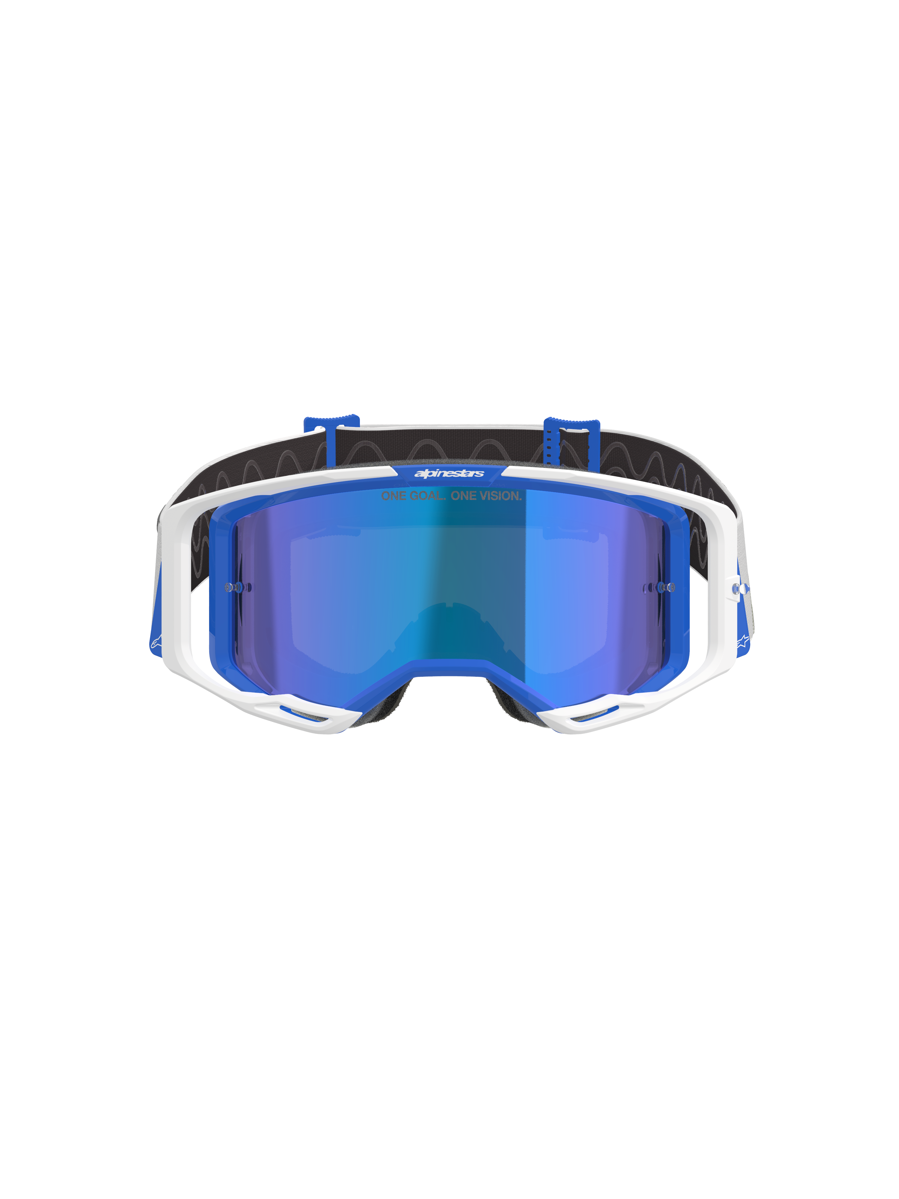 Alpinestars Vision 8 Corp Goggles, gogle motocrossowe, niebiesko-białe z niebieską lustrzaną soczewką, biała oprawka zewnętrzna, niebieskie akcenty wewnątrz, branding „One Goal. One Vision.” na soczewce, zaprojektowane dla wysokiej wydajności w wyścigach terenowych
