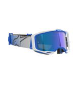Gogle Alpinestars Vision 8 Corp, gogle motocrossowe, niebiesko-białe z lustrzaną niebieską szybką, jasnoszary tkany pasek z niebieskim logo gwiazdy, smukła konstrukcja ramki A-FLEX z lustrzaną soczewką do wyścigów terenowych