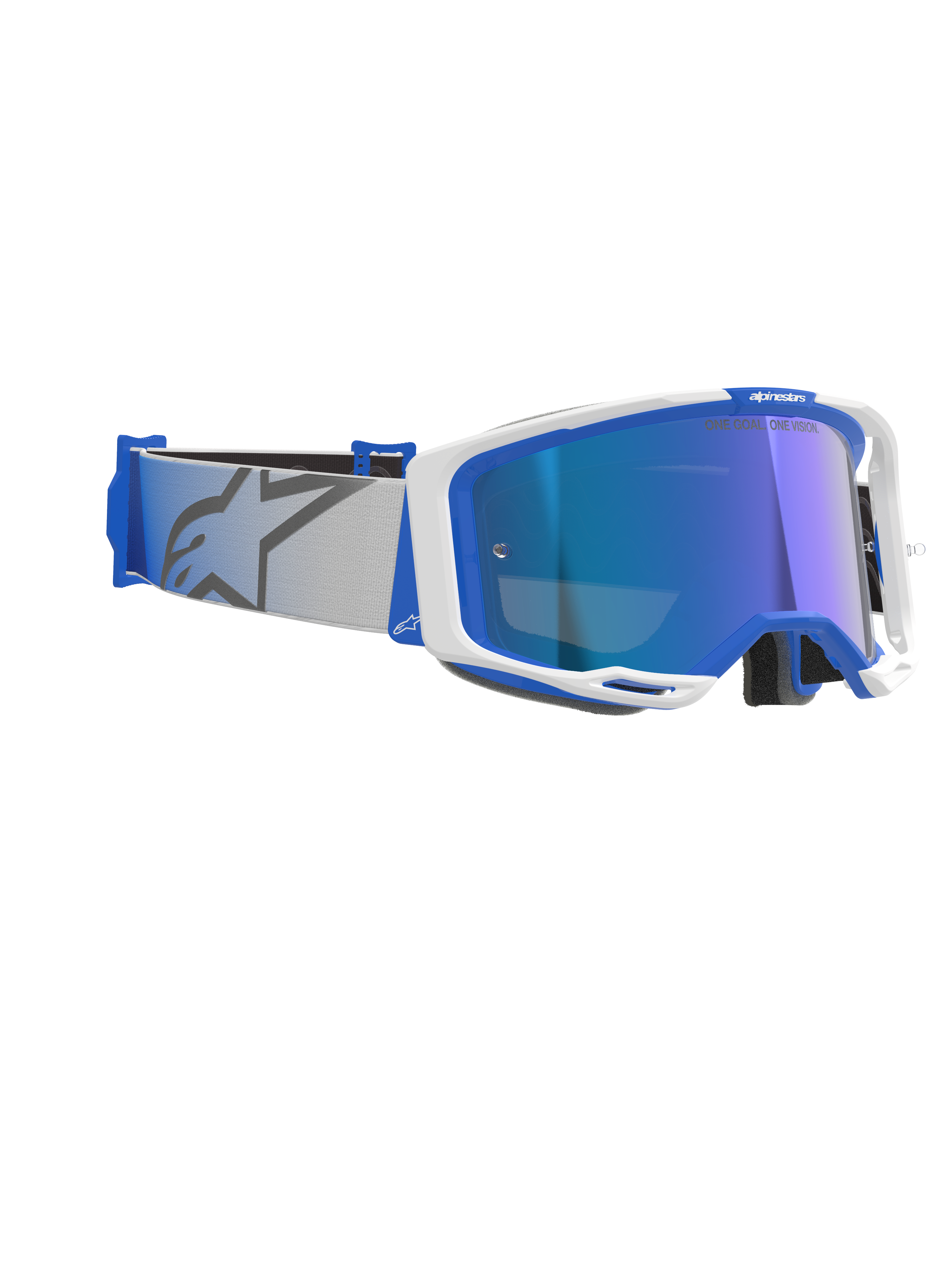 Gogle Alpinestars Vision 8 Corp, gogle motocrossowe, niebiesko-białe z lustrzaną niebieską szybką, jasnoszary tkany pasek z niebieskim logo gwiazdy, smukła konstrukcja ramki A-FLEX z lustrzaną soczewką do wyścigów terenowych
