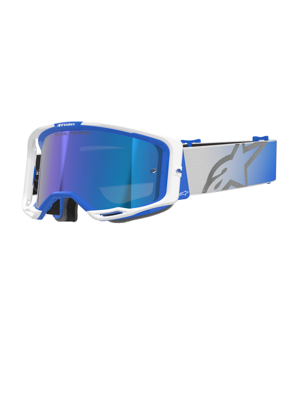Alpinestars Vision 8 Corp, gogle motocrossowe, niebiesko-biała oprawka, niebieska lustrzana szyba z fioletowym odcieniem, szeroki regulowany szary pasek z niebieskim gradientem i dużym logo gwiazdy, wentylacja RAM-AIR oraz napis "ONE GOAL. ONE VISION."