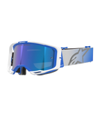 Alpinestars Vision 8 Corp, gogle motocrossowe, niebiesko-biała oprawka, niebieska lustrzana szyba z fioletowym odcieniem, szeroki regulowany szary pasek z niebieskim gradientem i dużym logo gwiazdy, wentylacja RAM-AIR oraz napis "ONE GOAL. ONE VISION."