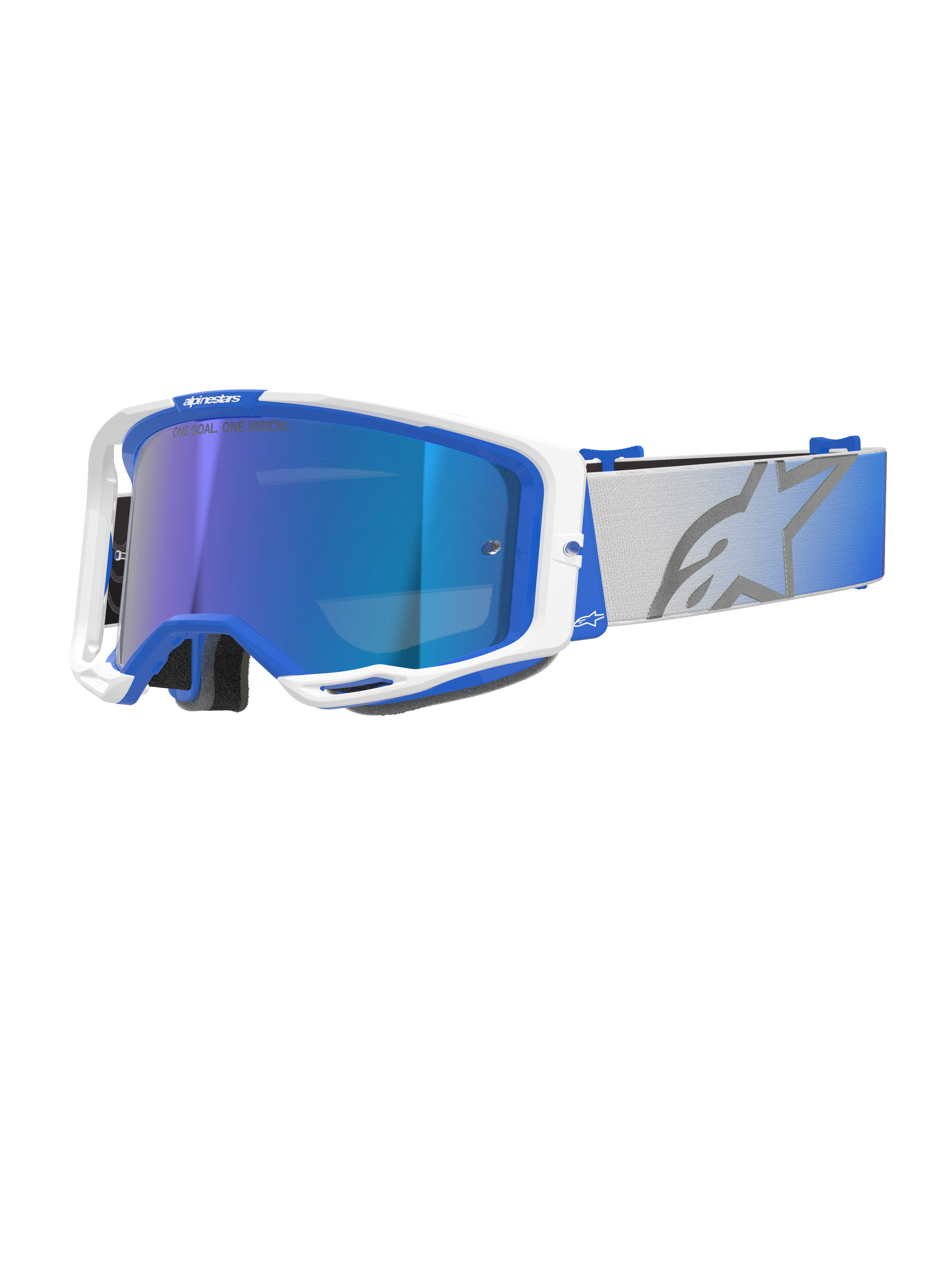 Alpinestars Vision 8 Corp, gogle motocrossowe, niebiesko-biała oprawka, niebieska lustrzana szyba z fioletowym odcieniem, szeroki regulowany szary pasek z niebieskim gradientem i dużym logo gwiazdy, wentylacja RAM-AIR oraz napis "ONE GOAL. ONE VISION."