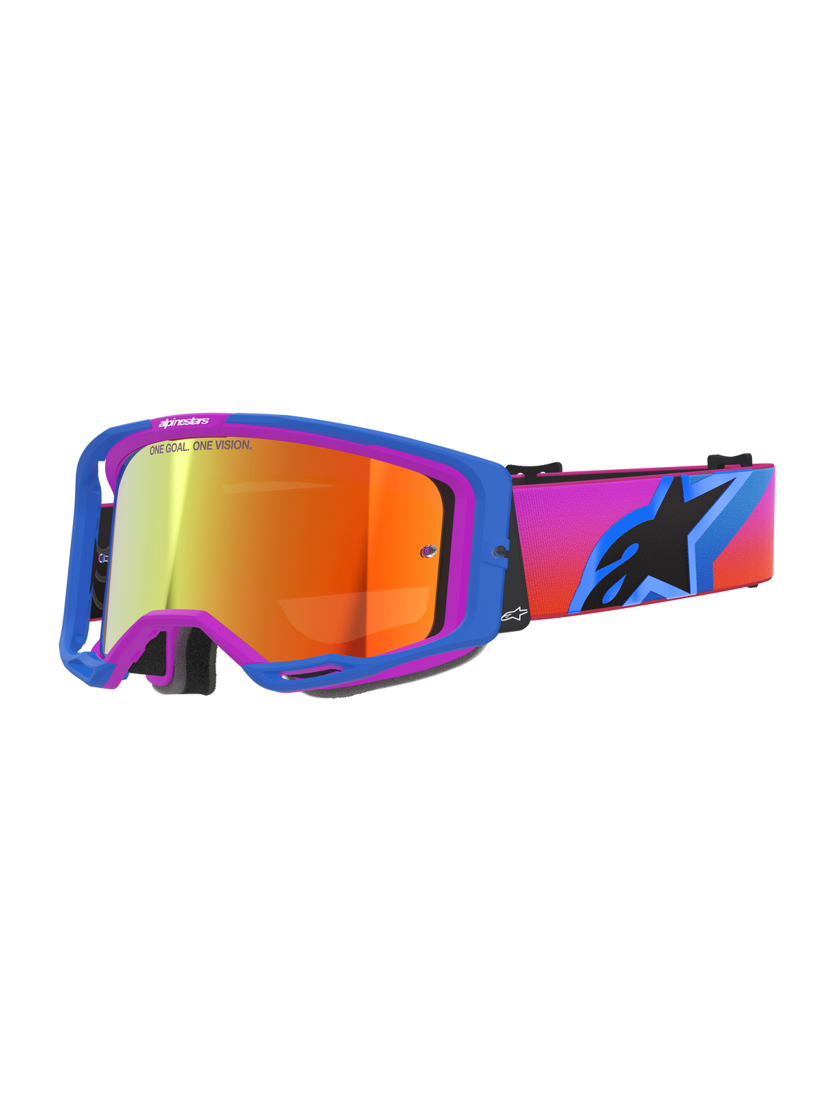 Gogle Alpinestars Vision 8 Corp, gogle motocrossowe, niebiesko-fioletowa oprawka A-FLEX, pomarańczowa lustrzana soczewka z napisem „ONE GOAL. ONE VISION.”, pasek z różowo-pomarańczowym gradientem i dużym czarnym logo gwiazdy, wysokiej klasy ochrona oczu do jazdy w terenie