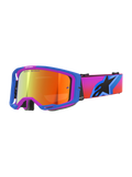 Gogle Alpinestars Vision 8 Corp, gogle motocrossowe, niebiesko-fioletowa oprawka A-FLEX, pomarańczowa lustrzana soczewka z napisem „ONE GOAL. ONE VISION.”, pasek z różowo-pomarańczowym gradientem i dużym czarnym logo gwiazdy, wysokiej klasy ochrona oczu do jazdy w terenie