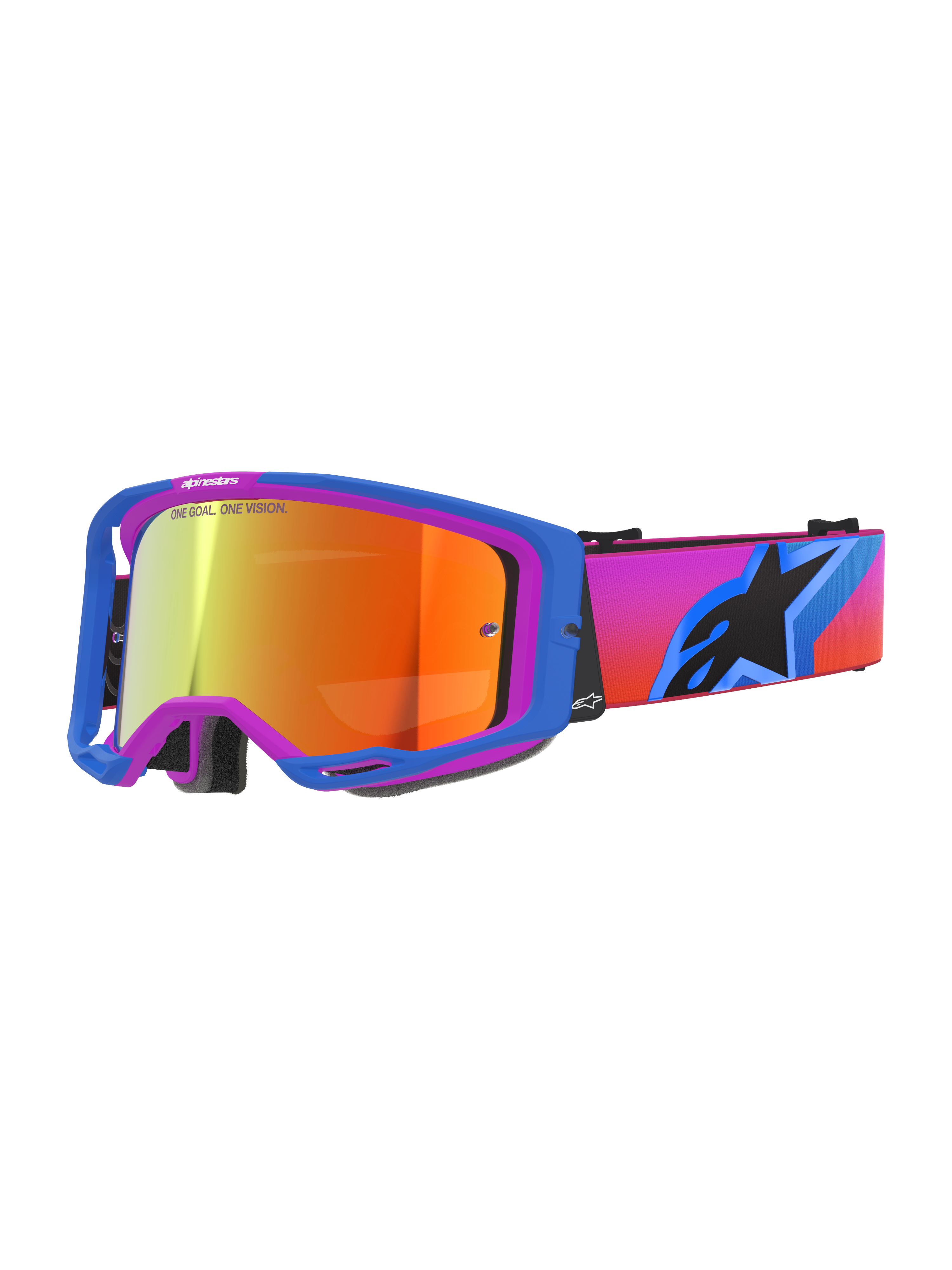 Gogle Alpinestars Vision 8 Corp, gogle motocrossowe, niebiesko-fioletowa oprawka A-FLEX, pomarańczowa lustrzana soczewka z napisem „ONE GOAL. ONE VISION.”, pasek z różowo-pomarańczowym gradientem i dużym czarnym logo gwiazdy, wysokiej klasy ochrona oczu do jazdy w terenie
