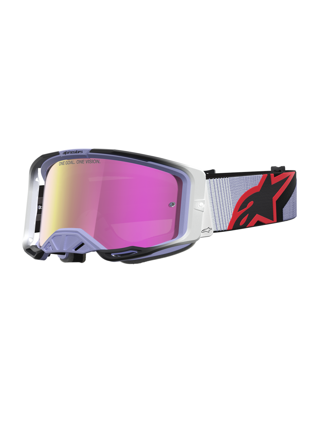 Gogle Alpinestars Vision 8 Maven, gogle motocrossowe, lawendowe i czarne, różowa lustrzana soczewka przeciwmgielna, lekka rama A-FLEX i system wentylacji RAM-AIR.