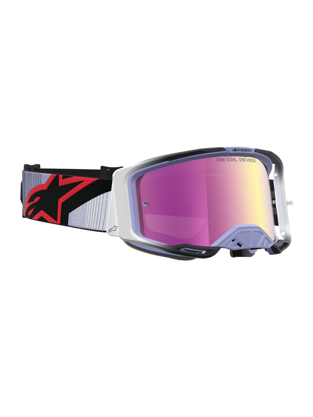 Gogle Alpinestars Vision 8 Maven, gogle motocrossowe, lawendowe i czarne, różowa lustrzana soczewka, system RAM-AIR.