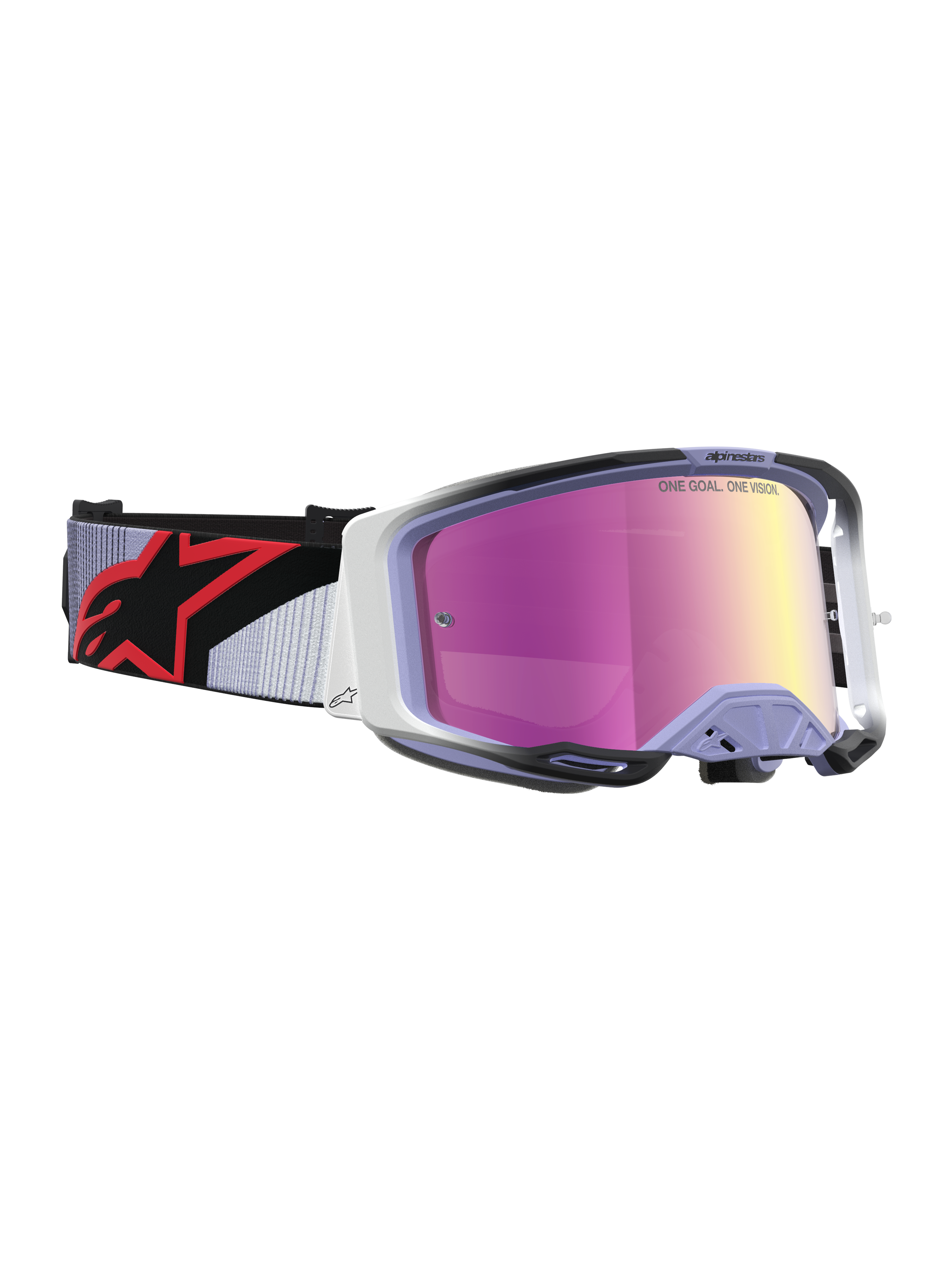 Gogle Alpinestars Vision 8 Maven, gogle motocrossowe, lawendowe i czarne, różowa lustrzana soczewka, system RAM-AIR.