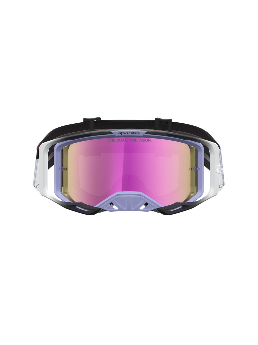 Gogle Alpinestars Vision 8 Maven, gogle motocrossowe, lawendowe i czarne, różowa lustrzana soczewka przeciwmgielna, rama A-FLEX i wentylacja RAM-AIR.