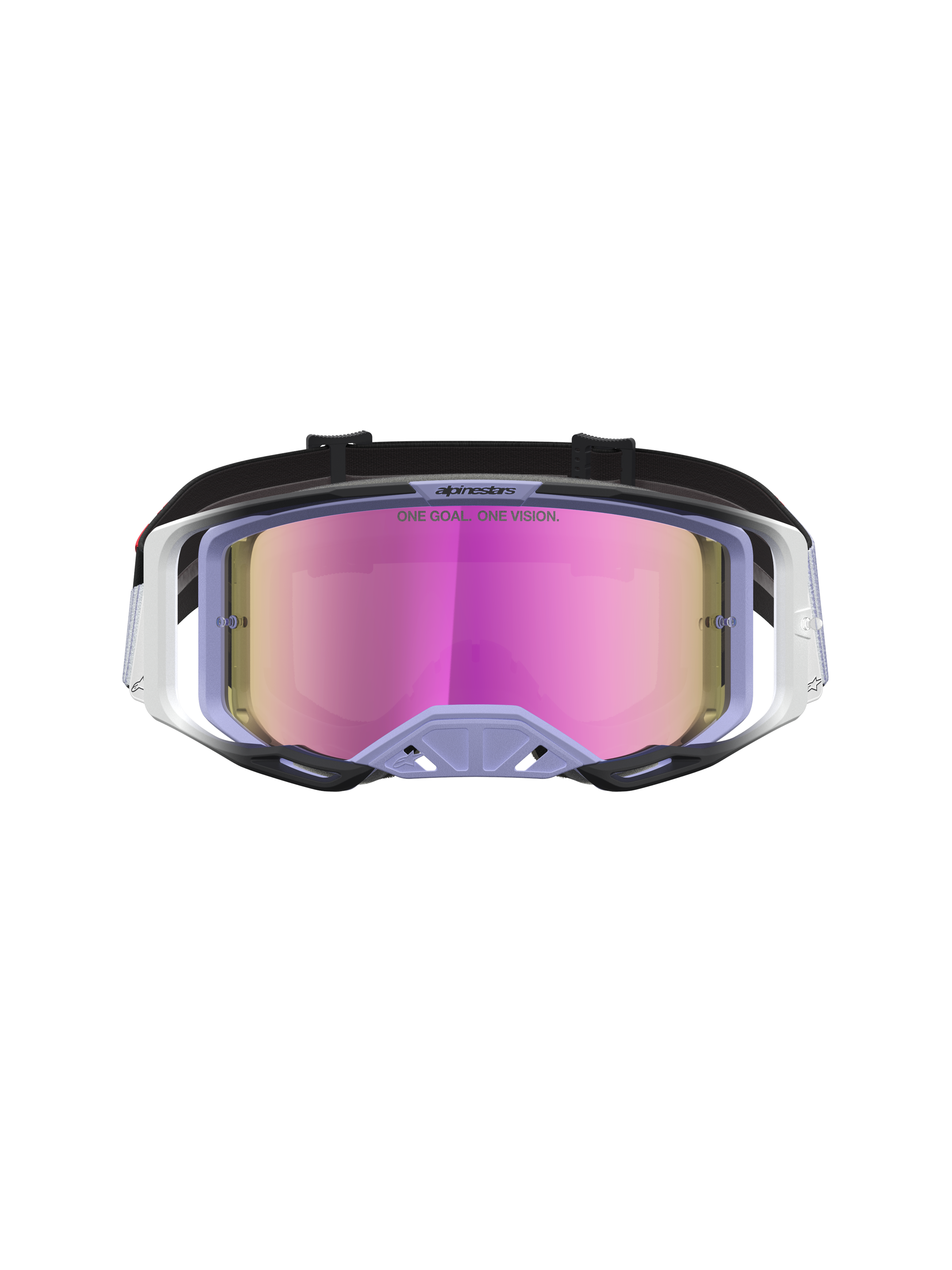 Gogle Alpinestars Vision 8 Maven, gogle motocrossowe, lawendowe i czarne, różowa lustrzana soczewka przeciwmgielna, rama A-FLEX i wentylacja RAM-AIR.