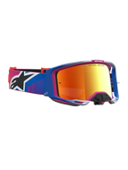 Alpinestars Vision 8 Maven Goggles, Motocross eyewear with blue and pink A-FLEX frame and fire red mirror lens.