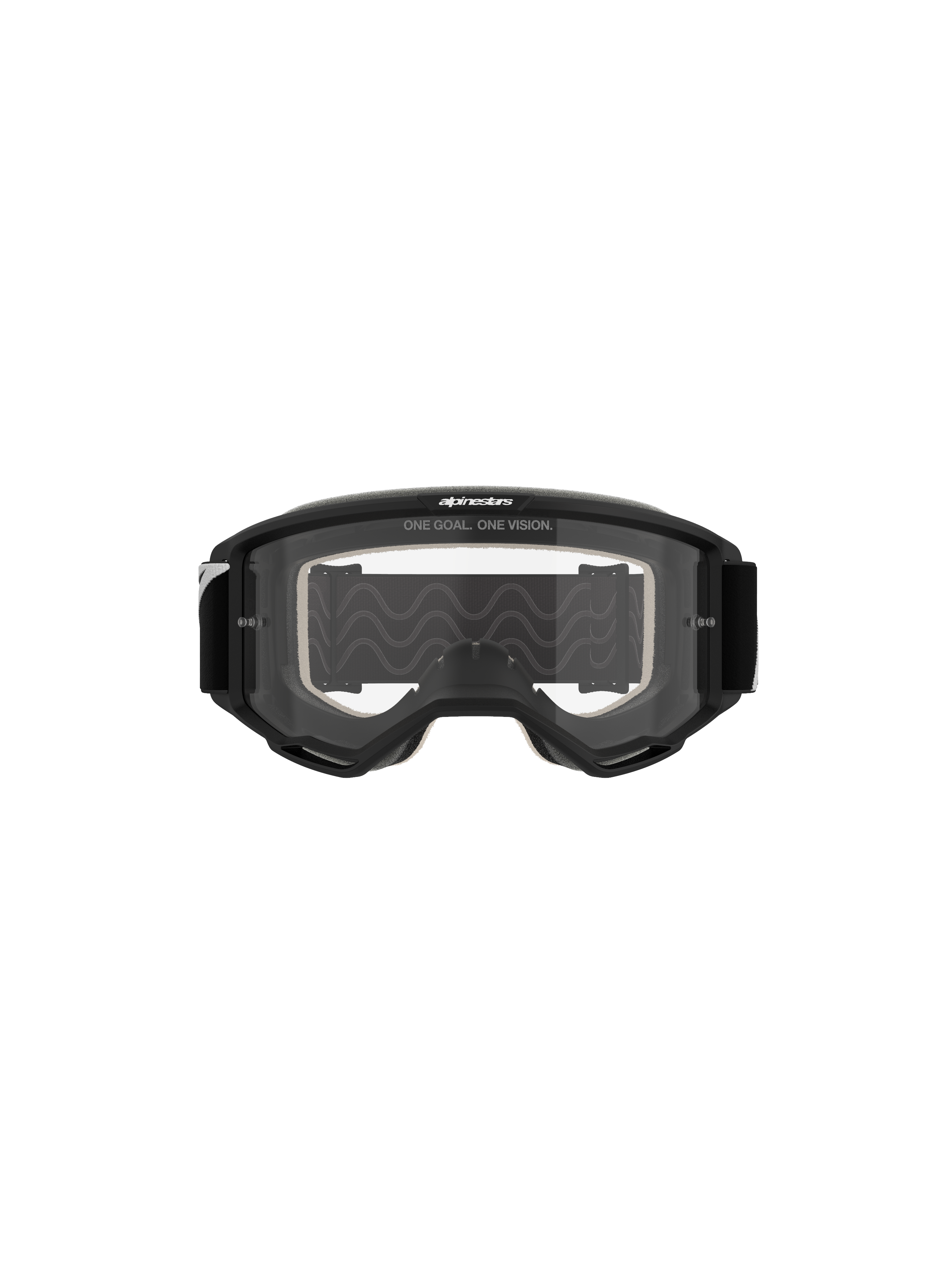 Gogle Alpinestars Vision 5 Corp, gogle motocrossowe, czarna oprawka z przezroczystą soczewką, widok z przodu, z napisem „ONE GOAL. ONE VISION.” na górze, szerokie pole widzenia do wyścigów terenowych