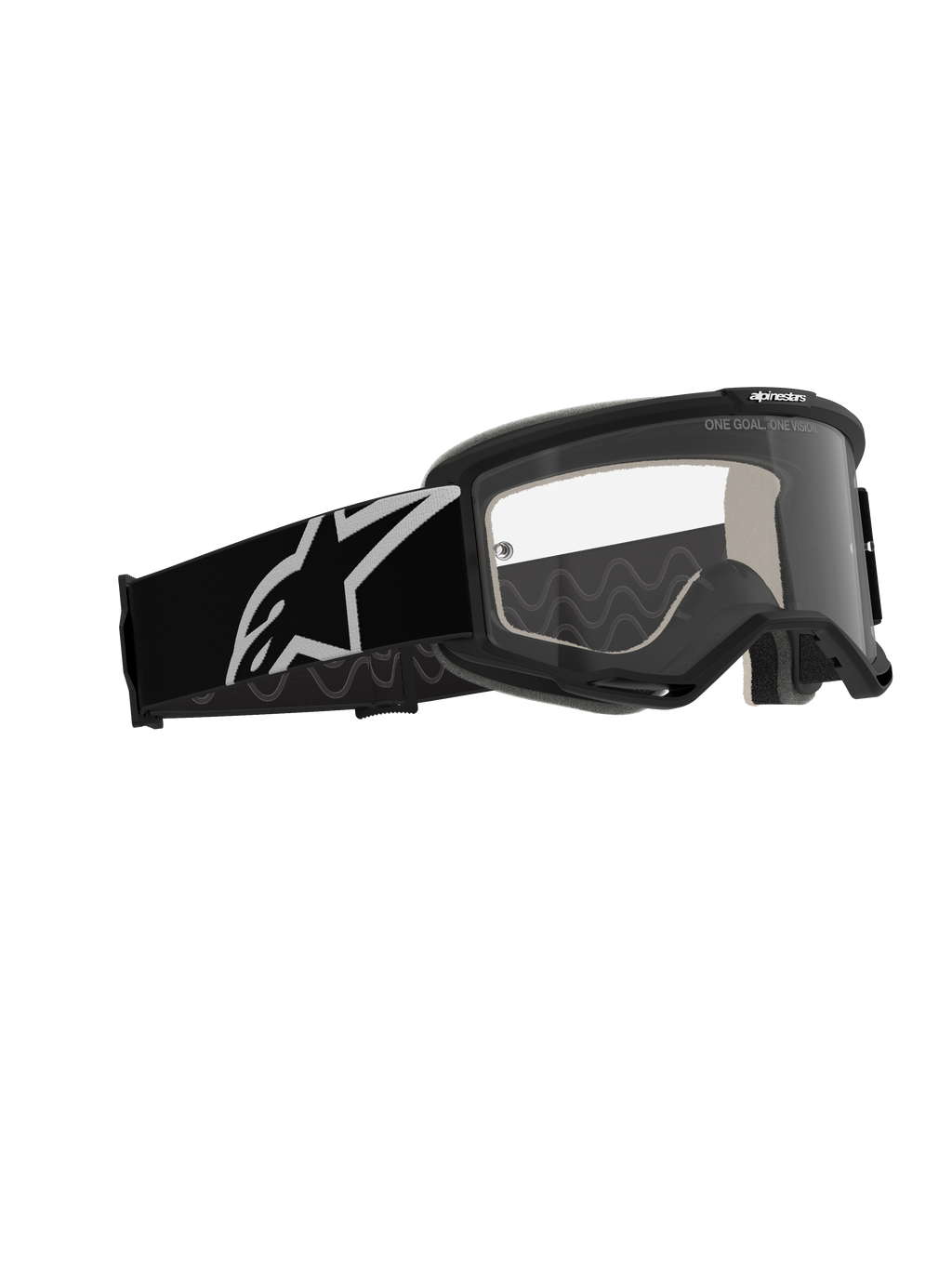 Alpinestars Vision 5 Corp Goggles, gogle motocrossowe, czarna oprawka z przezroczystą soczewką przeciwmgielną, szeroki czarny pasek z białym logo Astars, profesjonalne gogle off-road z systemem wentylacji RAM-AIR