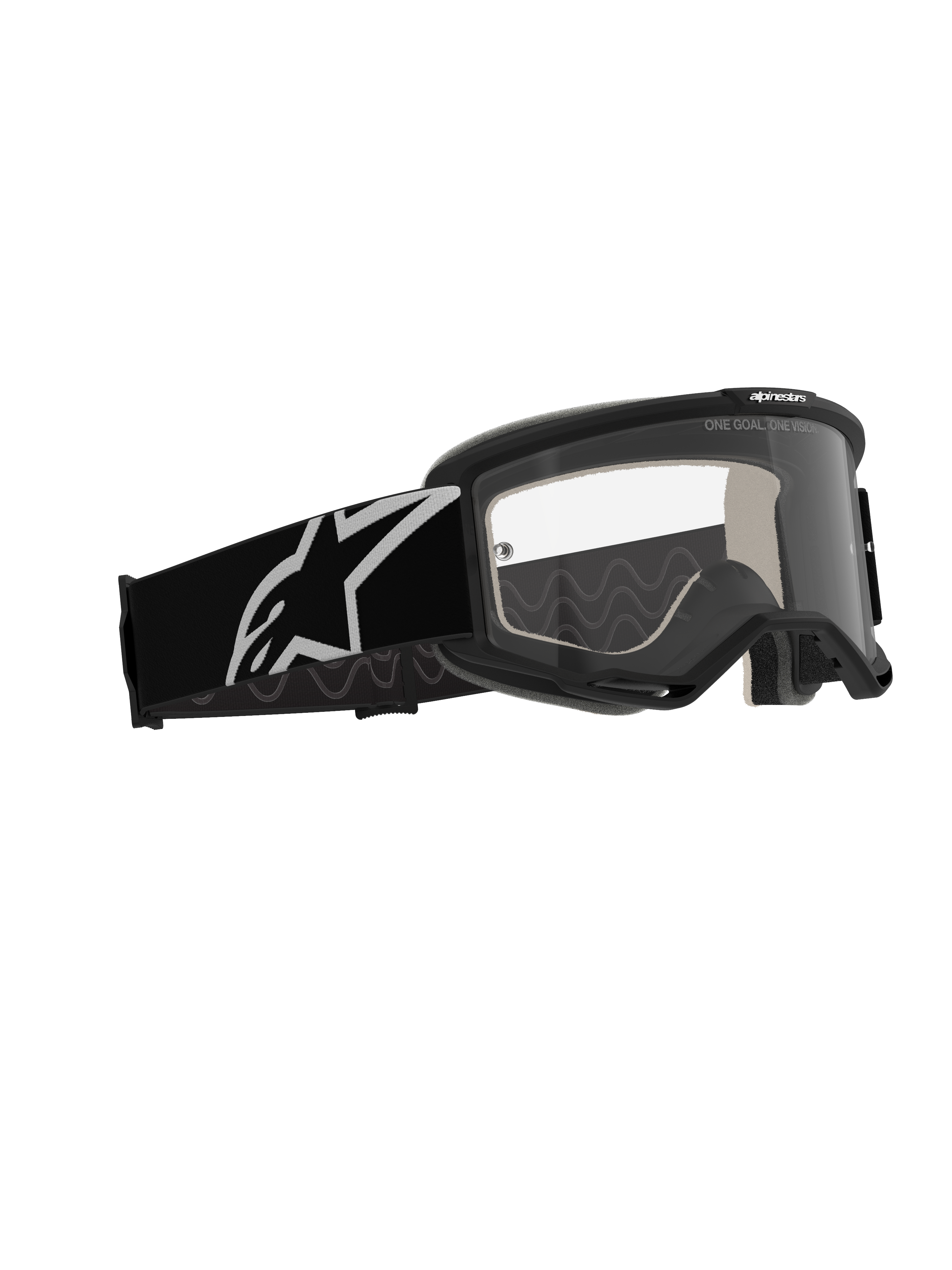 Alpinestars Vision 5 Corp Goggles, gogle motocrossowe, czarna oprawka z przezroczystą soczewką przeciwmgielną, szeroki czarny pasek z białym logo Astars, profesjonalne gogle off-road z systemem wentylacji RAM-AIR
