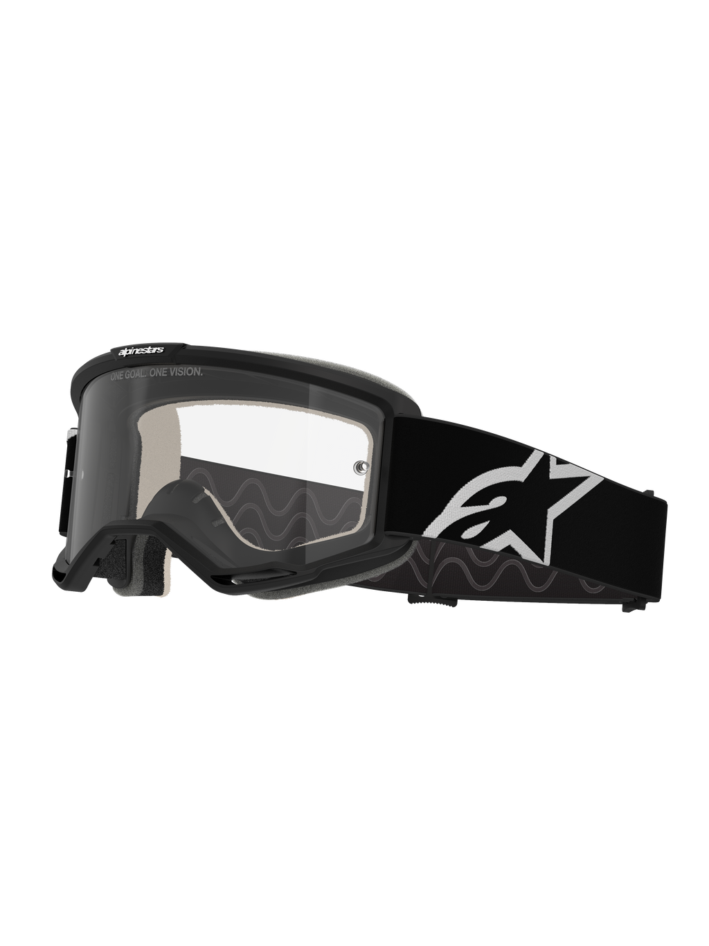 Alpinestars Vision 5 Corp Goggles, gogle motocrossowe, czarno-przezroczyste, wyposażone w przezroczystą soczewkę przeciwmgielną, czarną ramkę z wentylacją RAM-AIR oraz szeroki czarny pasek z białym logo gwiazdy, zaprojektowane do wyścigów terenowych