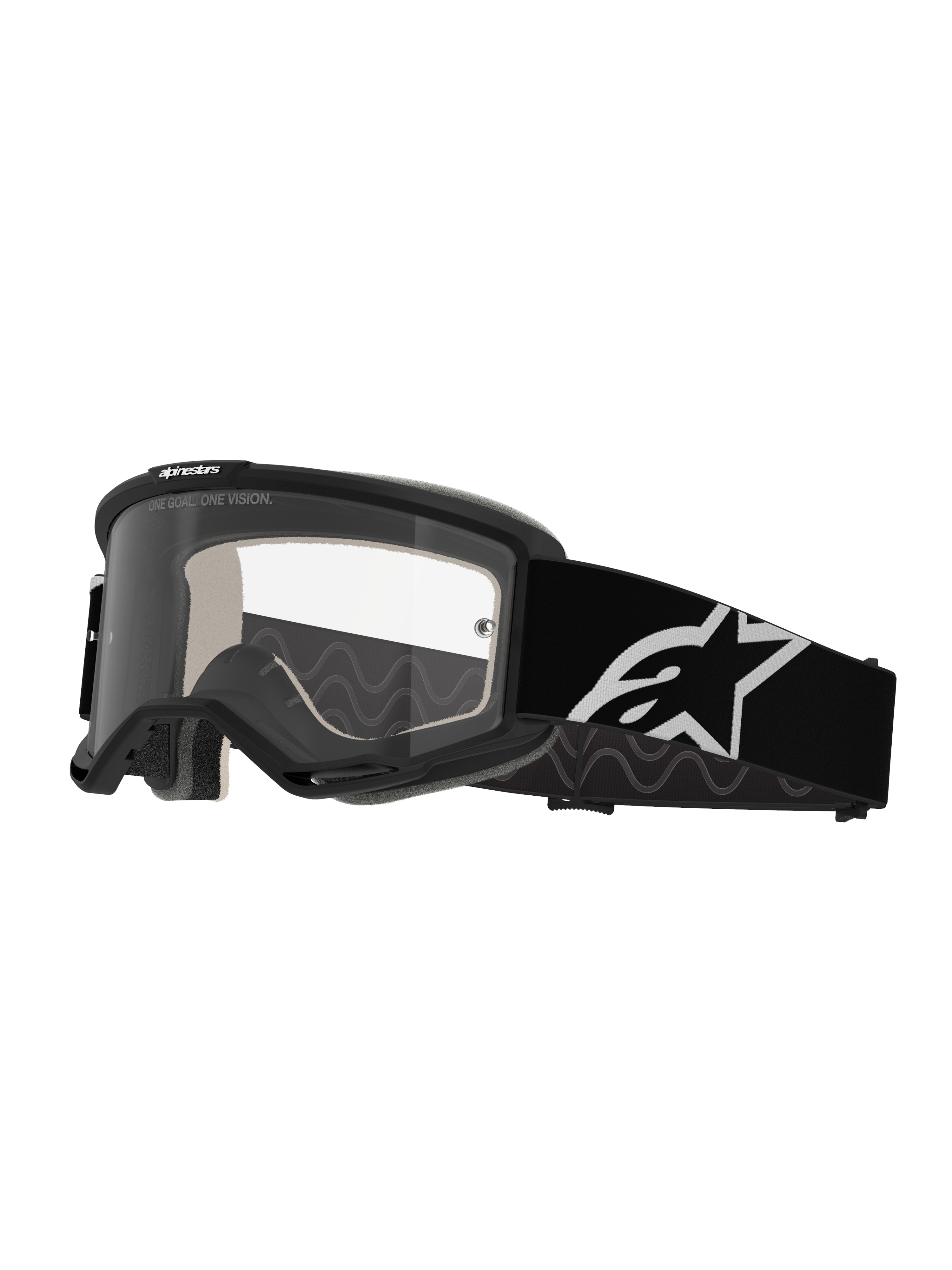 Alpinestars Vision 5 Corp Goggles, gogle motocrossowe, czarno-przezroczyste, wyposażone w przezroczystą soczewkę przeciwmgielną, czarną ramkę z wentylacją RAM-AIR oraz szeroki czarny pasek z białym logo gwiazdy, zaprojektowane do wyścigów terenowych