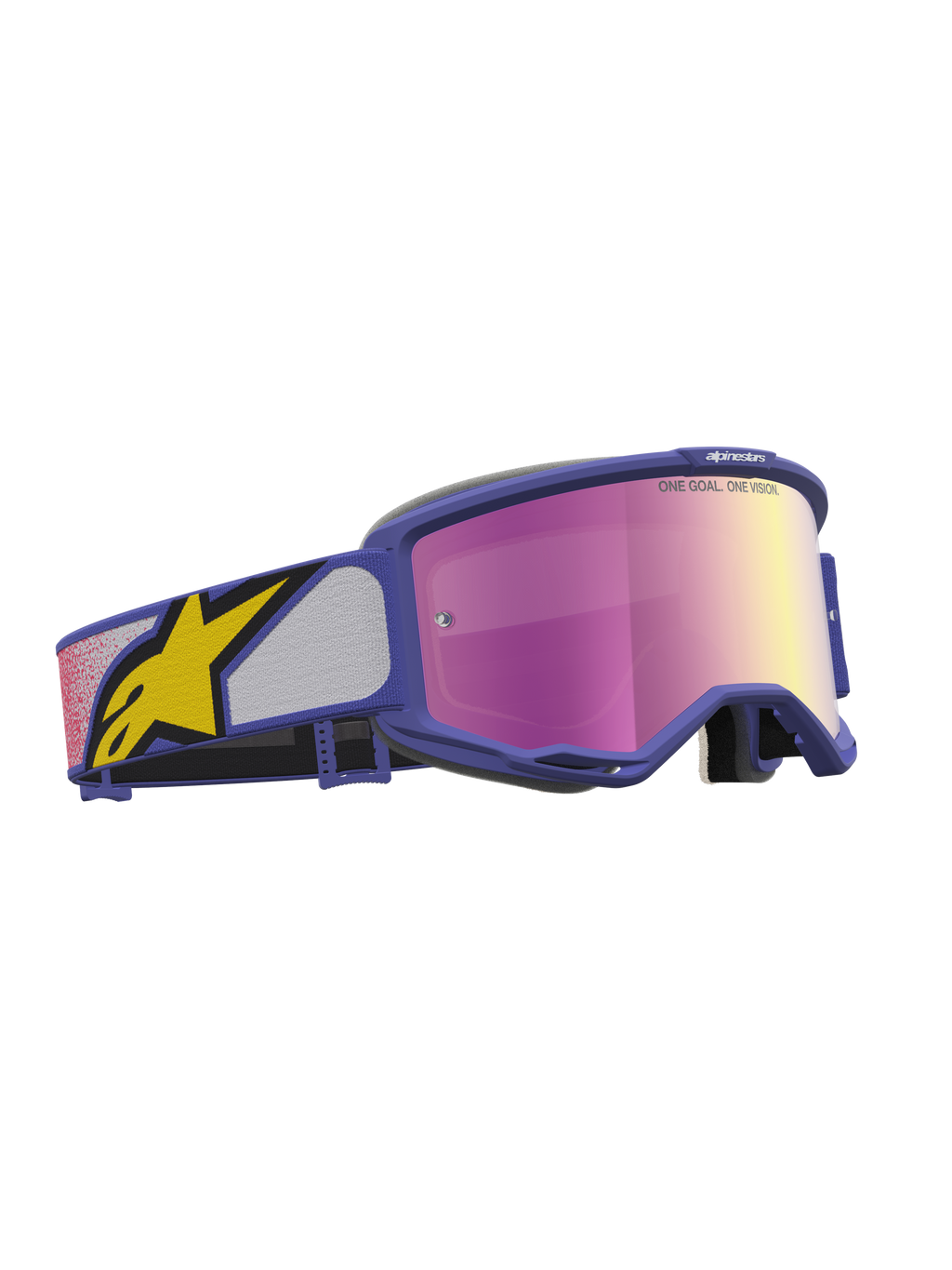 Alpinestars Vision 5 Drag, gogle motocrossowe, fioletowe, różowe lustrzane soczewki, wentylacja RAM-AIR, pasek z żółtym logo